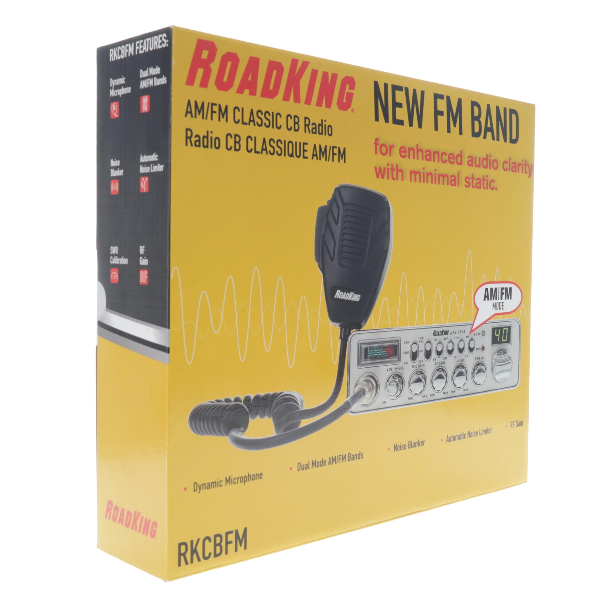 RoadKing RKCBFM CB Radio Dual-Mode AM/FM for Truckers Full 40 Channels Pro Emergency Channel with Noise-Cancelling Mic Large Display - Silver
