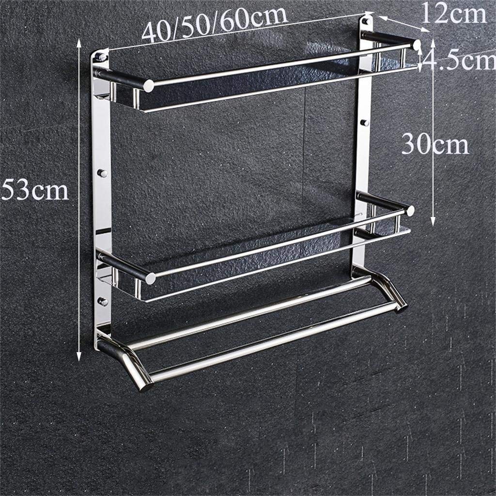 304 Stainless Steel BTBT Double Shelves with Towel Rack, Multi-Use Bathroom Brackets, Wall Mounted Shelf for Bathroom Punching (Size: 50cm)