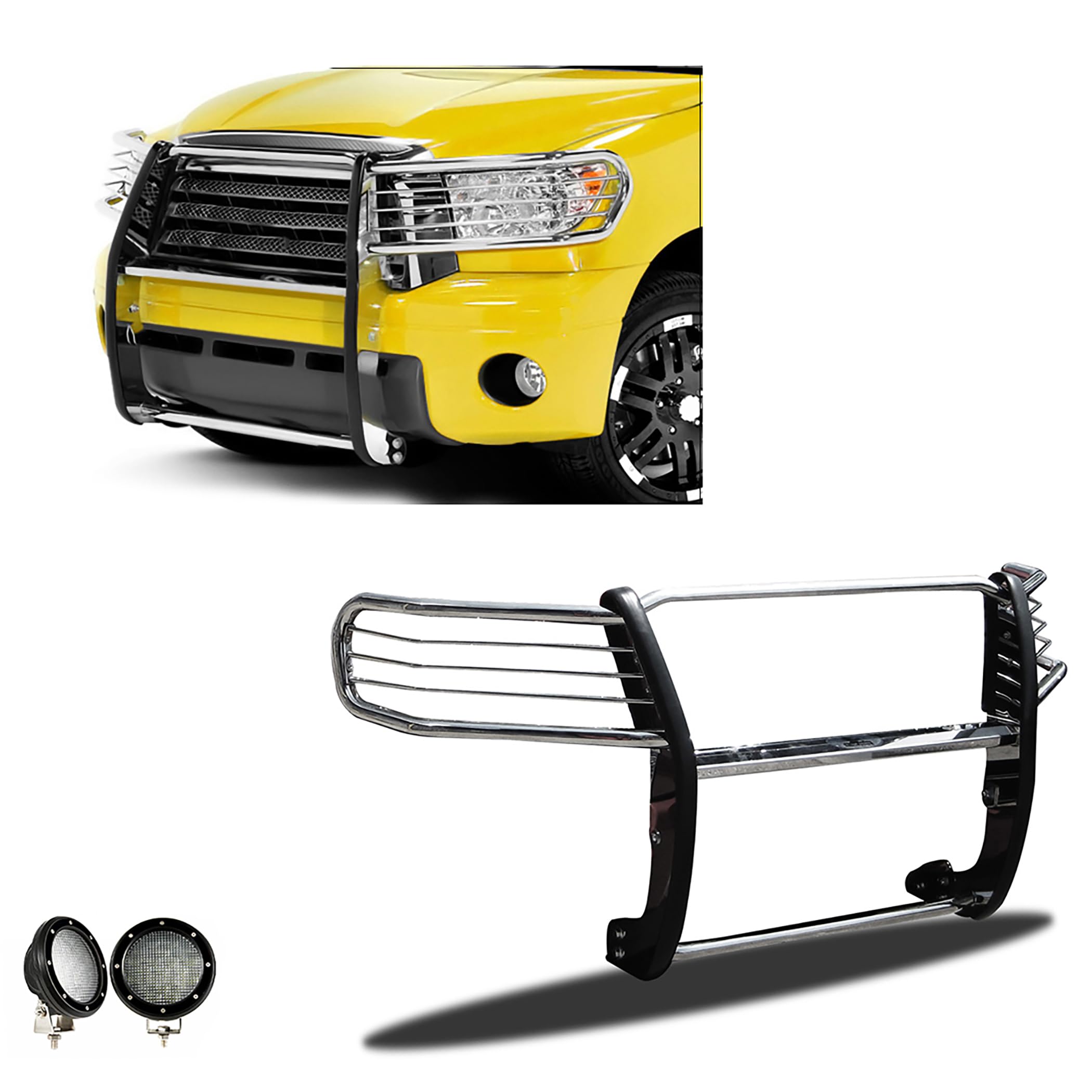 Bumper Guard Black Horse Grille brush Modular Stainless Steel Come with Pair of 5.3"Led Lights with Black Trim Rings Compatible with 2008-2022 Toyota Sequoia|2007-2021 Toyota Tundra-17A098900MSS-PLFB