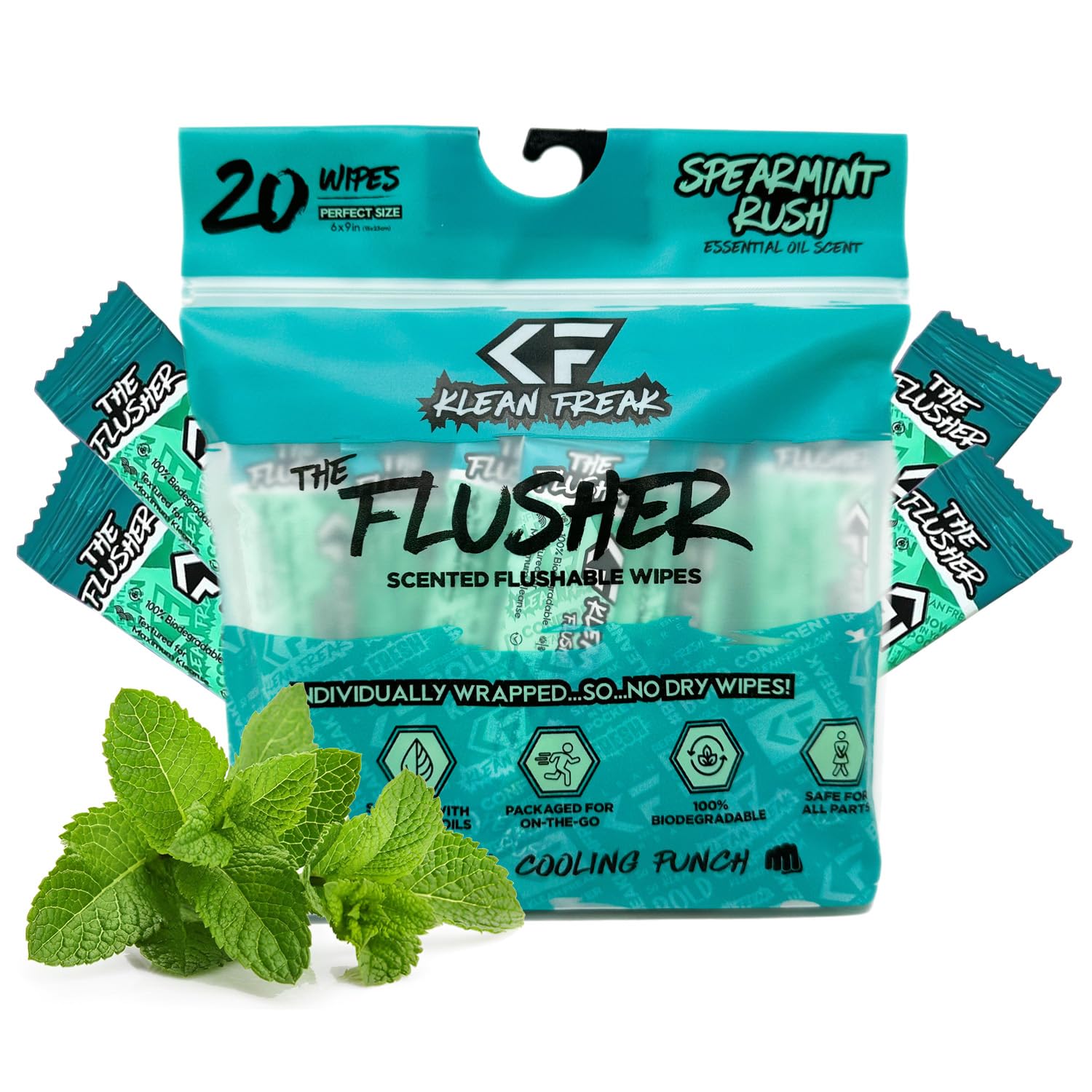 FLUSHER THE KLEAN FREAK - Flushable Wipes For Adults & Kids - 100% BIODEGRADABLE Individual Wrapped Travel WET Wipe for Toilet - Soothing Aloe & Witch Hazel - Alcohol Free 20 Pack - Spearmint Rush