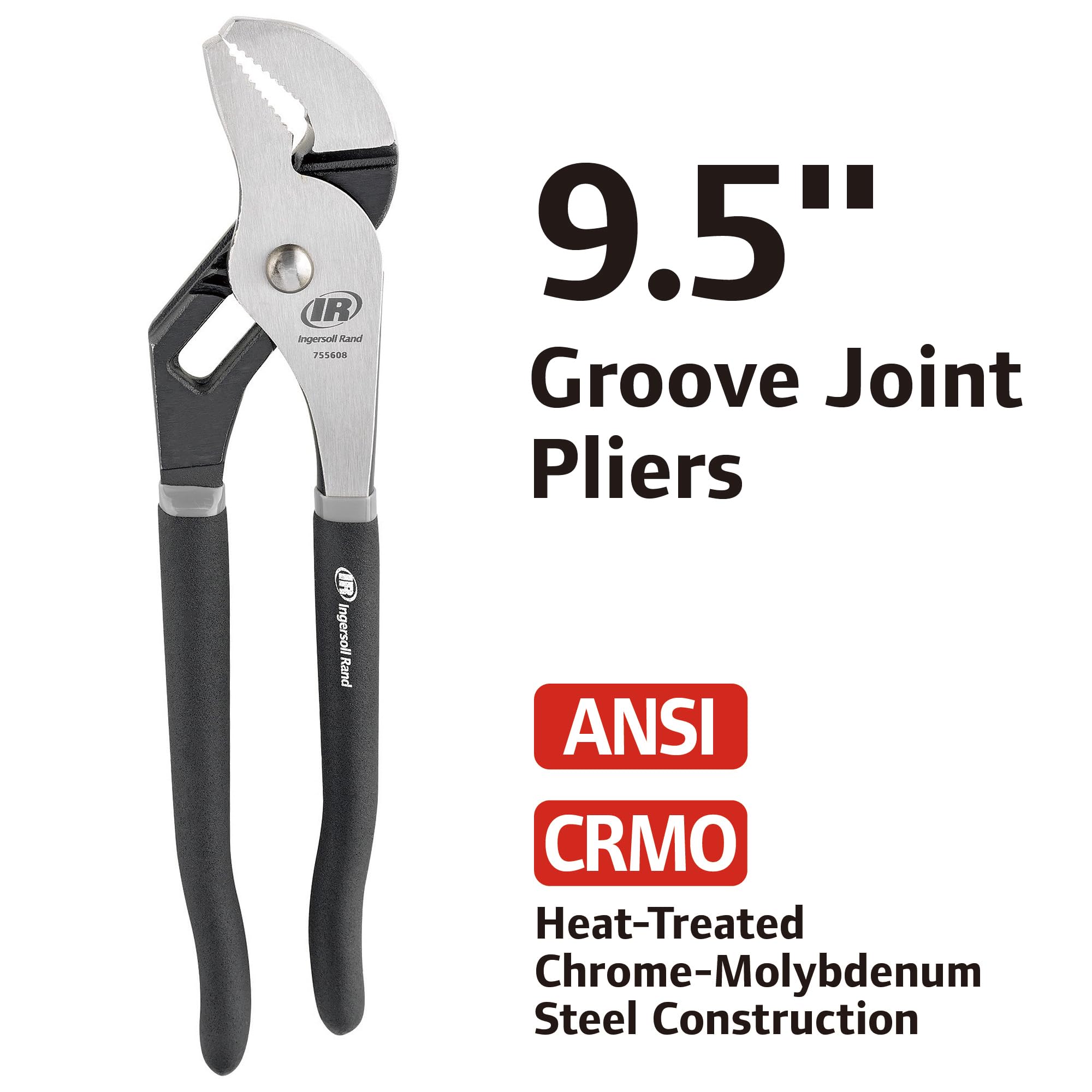 9-1/2" Ingersoll Rand Groove Joint Pliers – Forged Chrome Moly Steel, Precision Machined Jaws, Induction Hardened Cutting Edges, Textured Double-Injection Grip – 755608