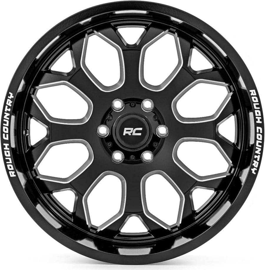 20x9 Rough Country One-Piece Aluminum Wheel, 6x5.5" Bolt Pattern, +0mm Offset - Gloss Black w/Milled Accents, 8-Spoke, Lightweight with Center Cap