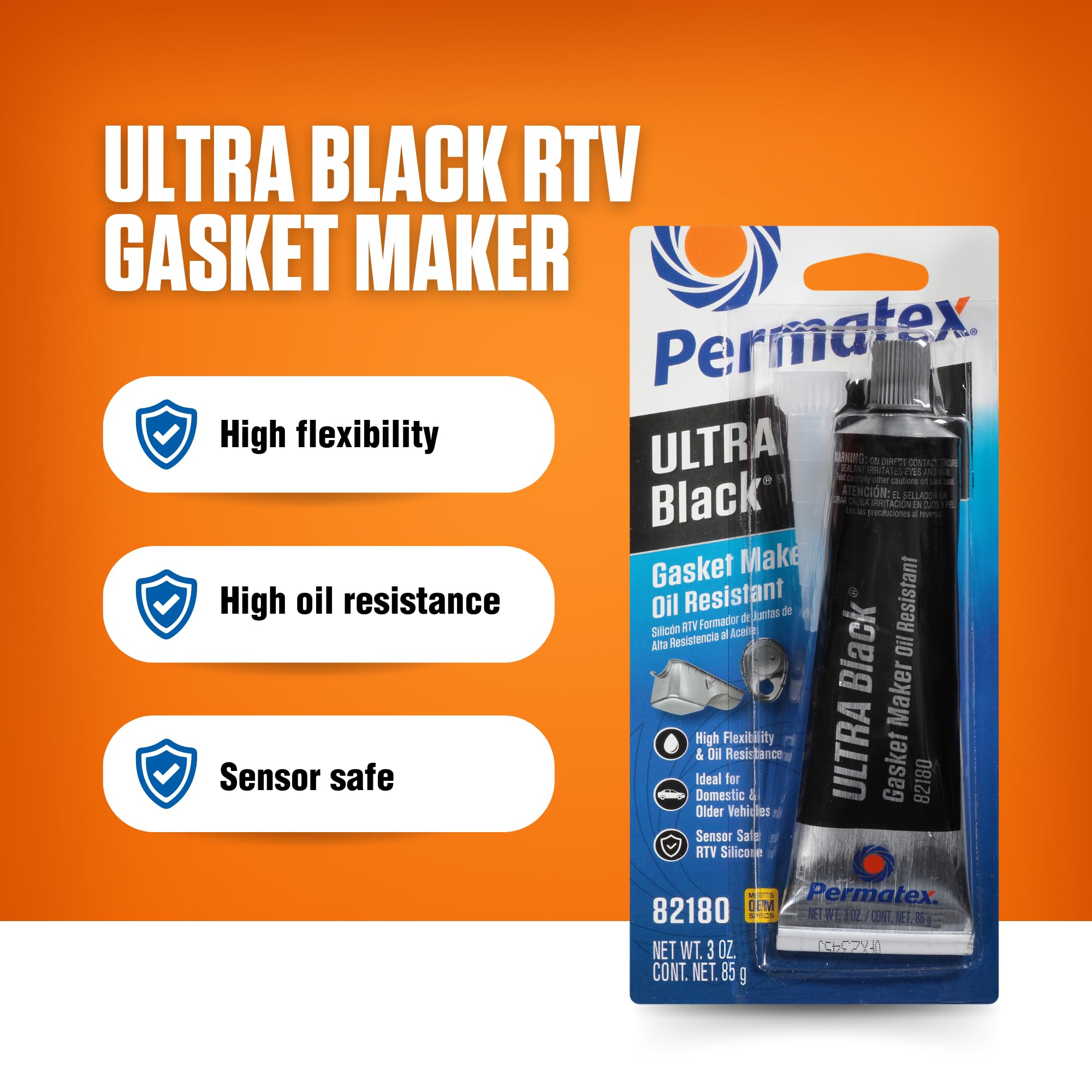 Ultra Black Permatex 82180 Maximum Oil Resistance RTV Silicone Gasket Maker, Sensor Safe And Non-Corrosive, For High Flex And Oil Resistant Applications 3 oz