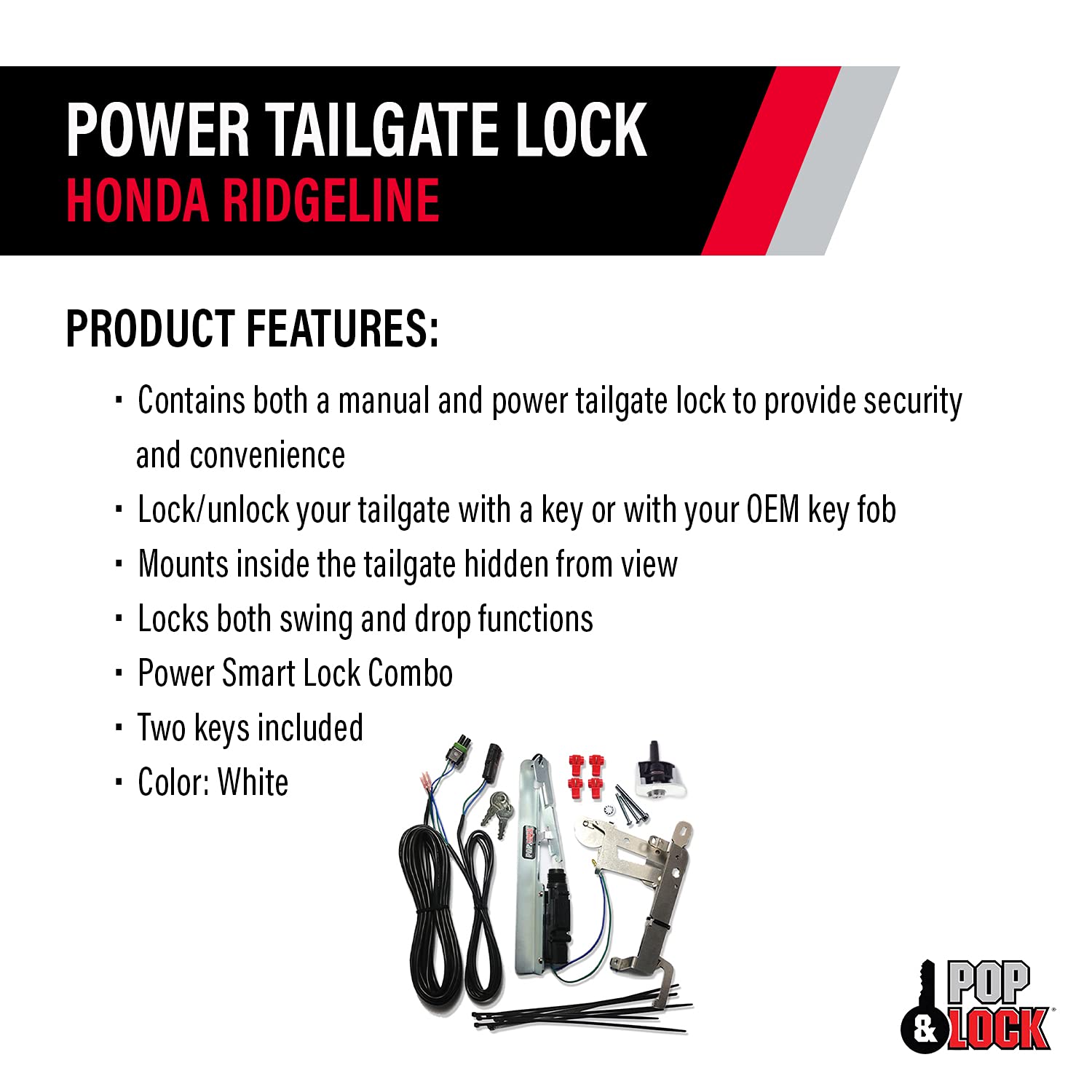 Smart Lock Combo Power Tailgate Lock – Pop & Lock for Honda Ridgeline, Fits 2005 to 2016 Models (Color White, PL8661)