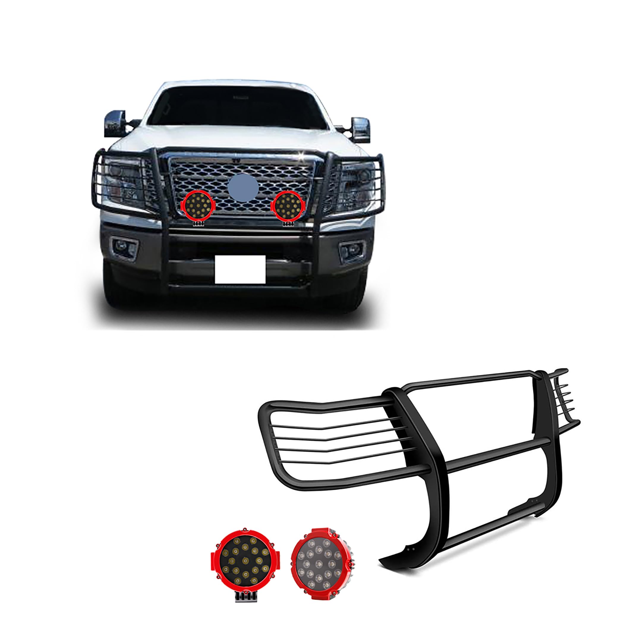 Bumper Guard Modular Black Black Horse Grille brush Come With pair of 7.0"Dia.LED Lights with Red Trim Rings Compatible with 2016-2024 Nissan Titan XD-17NR28MA-PLR