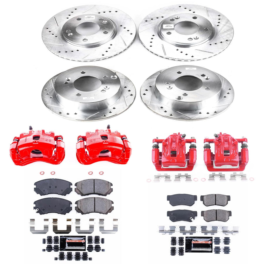 Power Stop Z23 KC4449A Evolution Sport Front and Rear Caliper Brake Kit-Drilled/Slotted Rotors, Carbon Ceramic Brake Pads, Calipers For Hyundai Tucson, Kia Sportage [Model Specific]