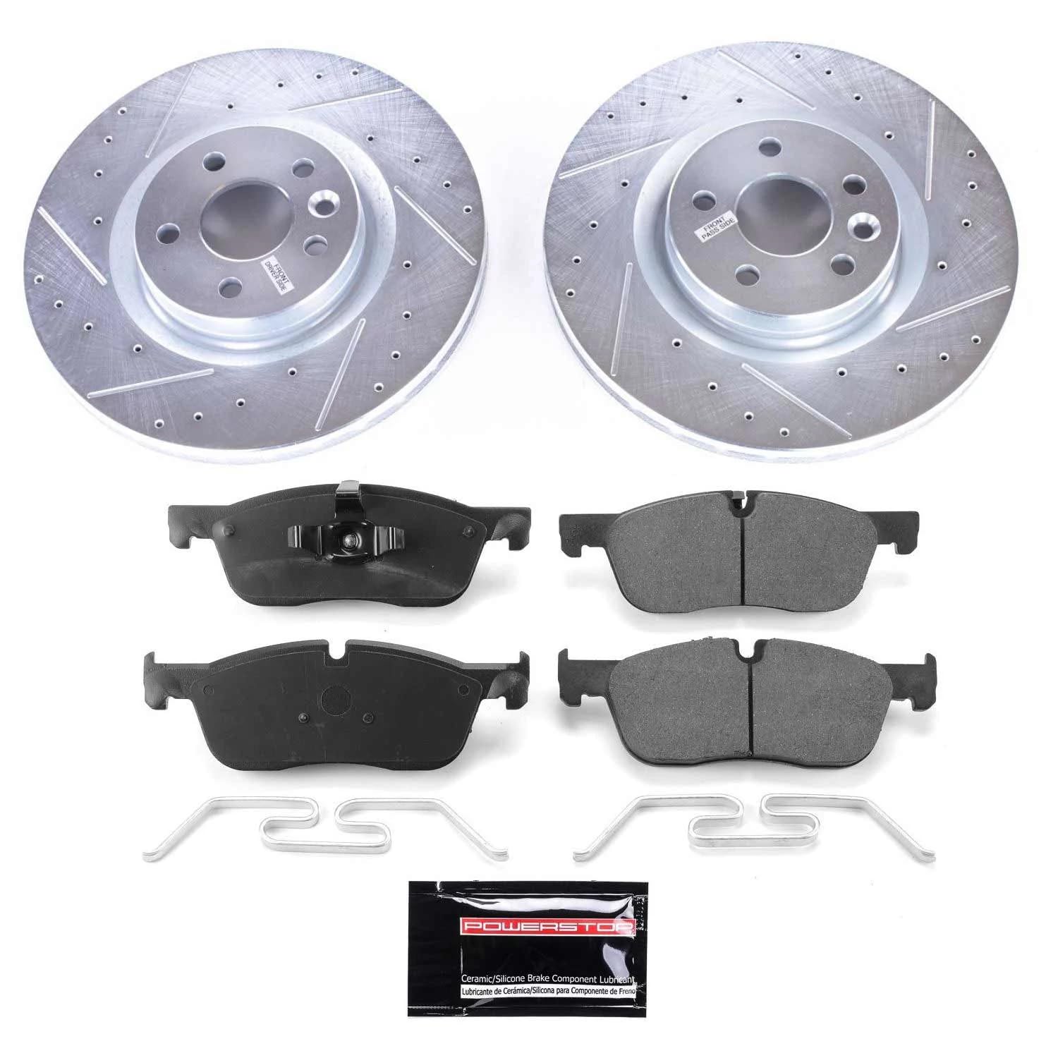 Power Stop K8107 Z23 Carbon Fiber Brake Pads with Drilled & Slotted Brake Rotors Kit For Jaguar E-Pace 2018-2019 [Model Specific]