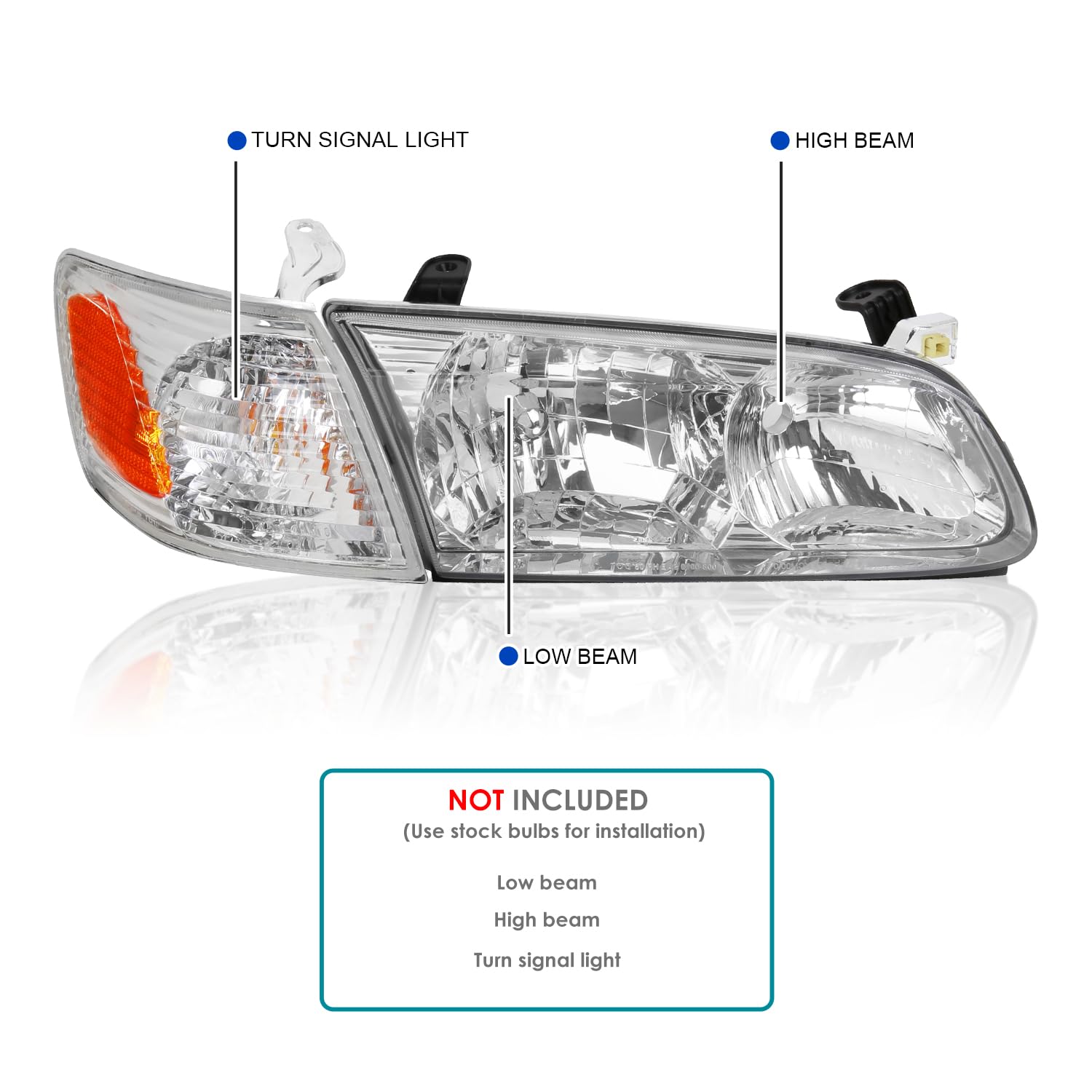 Chrome Headlights + Corner Lights SPEC-D TUNING Compatible with 2000-2001 Toyota Camry L+R Pair Head Light Lamp Assembly