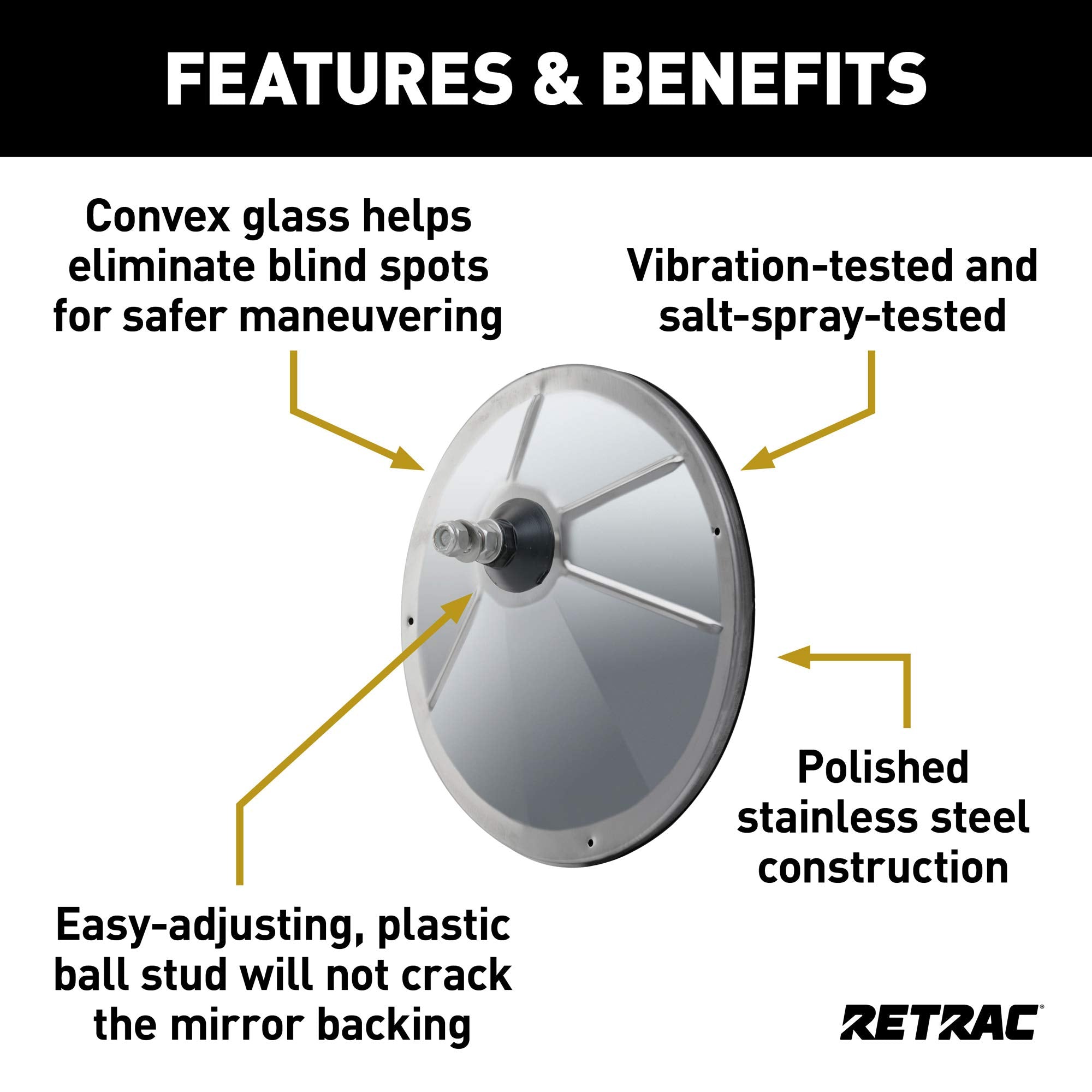 8-Inch Stainless Steel RETRAC Offset-Mount Convex Mirror Head with Plastic Ball Stud, Universal Driver or Passenger Side