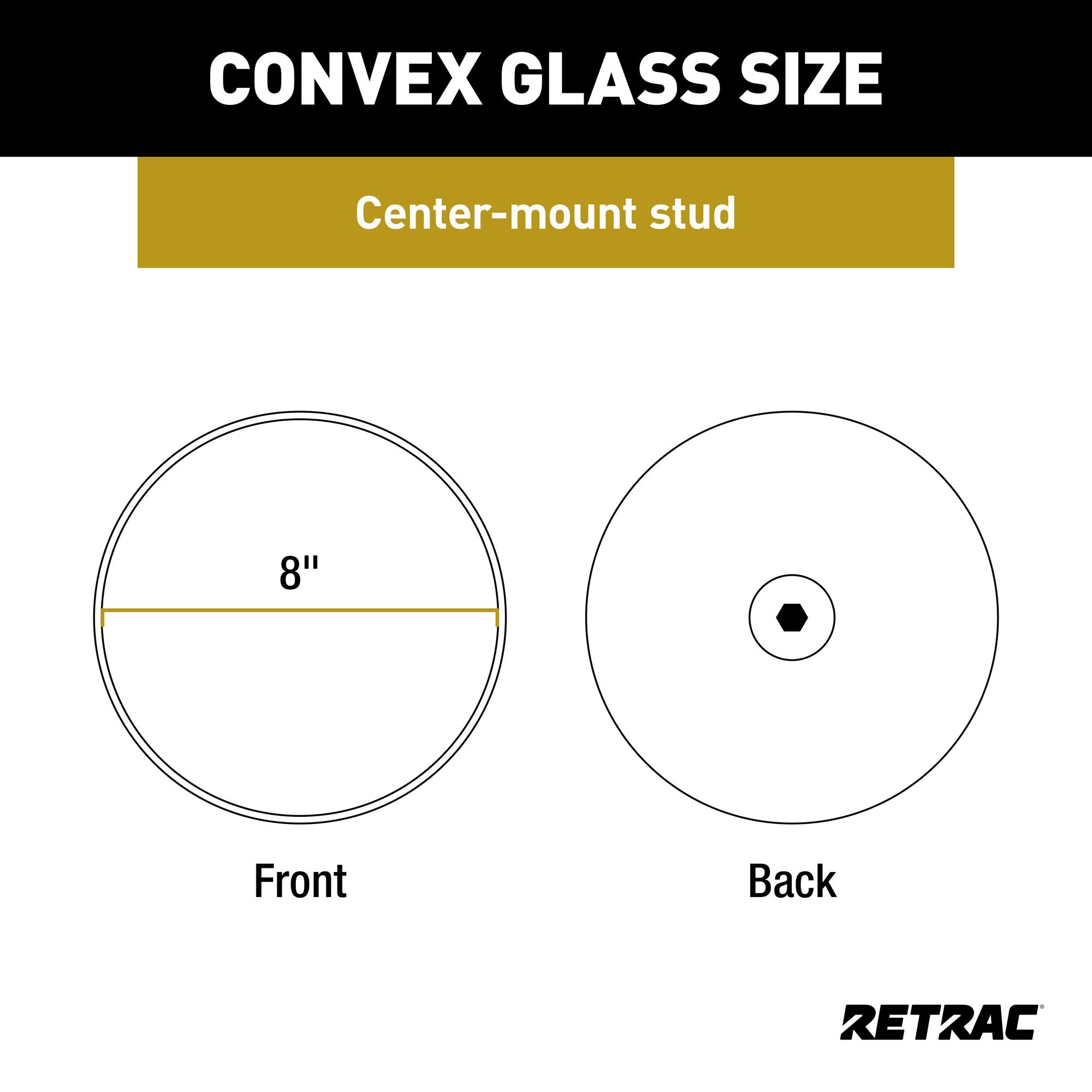 8-Inch RETRAC Stainless Steel Center-Mount Convex Mirror Head with Plastic Ball Stud, Universal Driver or Passenger Side