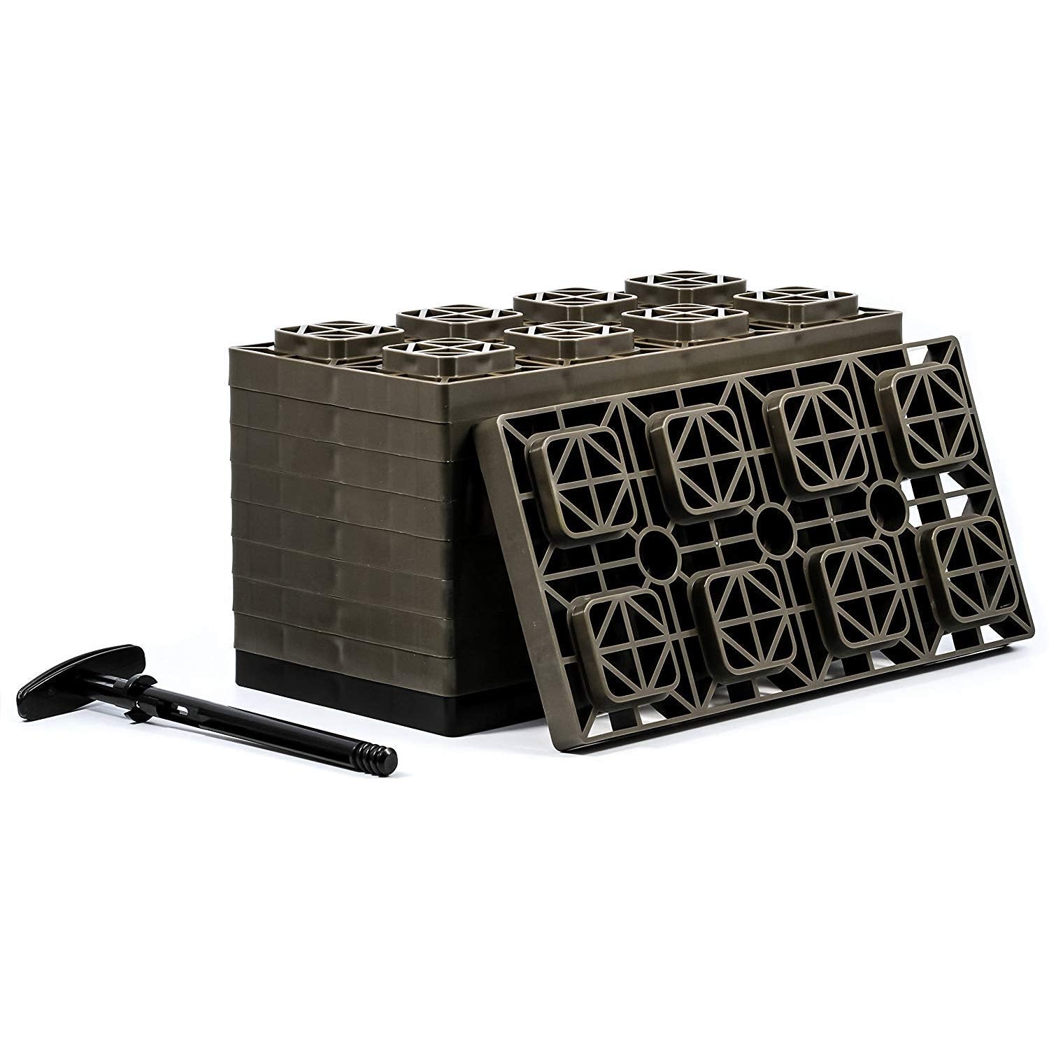 Camco 4x2 Fasten Leveling Block for Dual Tires, Interlocking Design Allows Stacking to Desired Height, Includes Secure T-Handle Carrying System, Brown (Pack of 10) - 44525