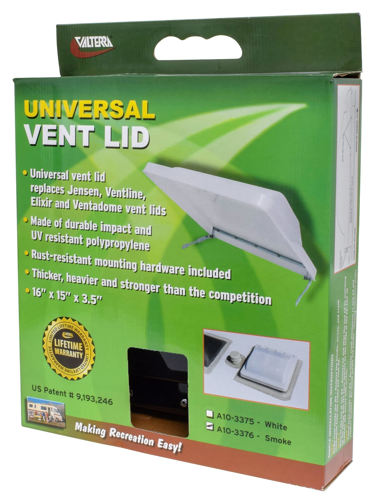 A10-3376 Valterra Vent Lid (Universal, 16" x 15" x 3.5", Smoke),1 Pack