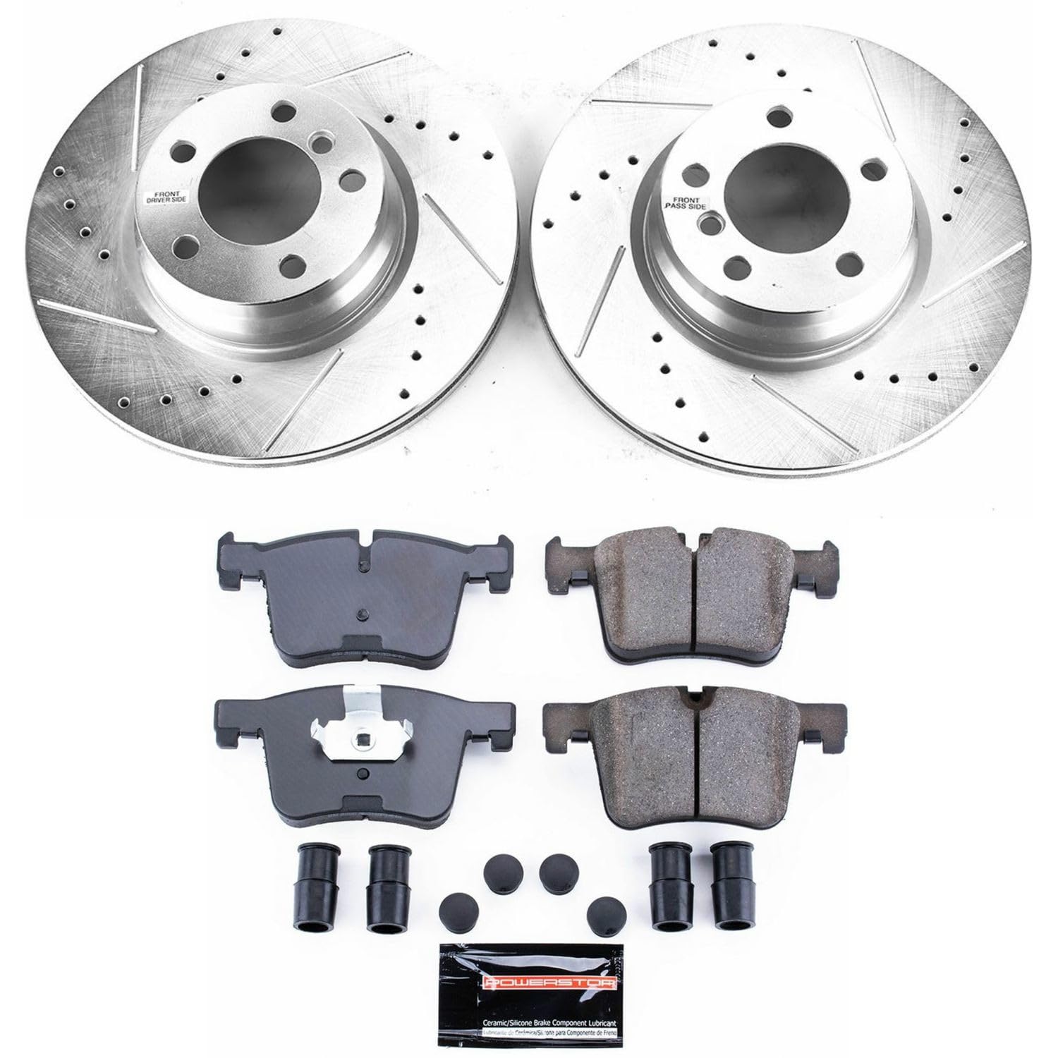 Power Stop K6854 Brake Pads Front with Drilled Slotted Brake Rotors Kit For BMW 228i, 228i xDr, 328i, 328i xDrive, 330e, 428i, 428i Gran Coupe, 428i xDrive, 428i xDrive Gran Coupe [Model Specific]