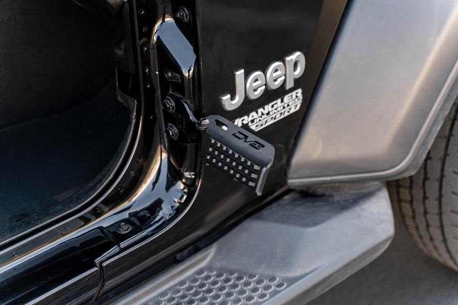 DV8 Offroad Foot Pegs for the Jeep Wrangler JK/JL & Gladiator JT 2007-2025 | Sold as a Pair | Rugged Anti-Slip Pedal Grip Design | Fits Front and Rear Hinges | Includes Padded Stopper