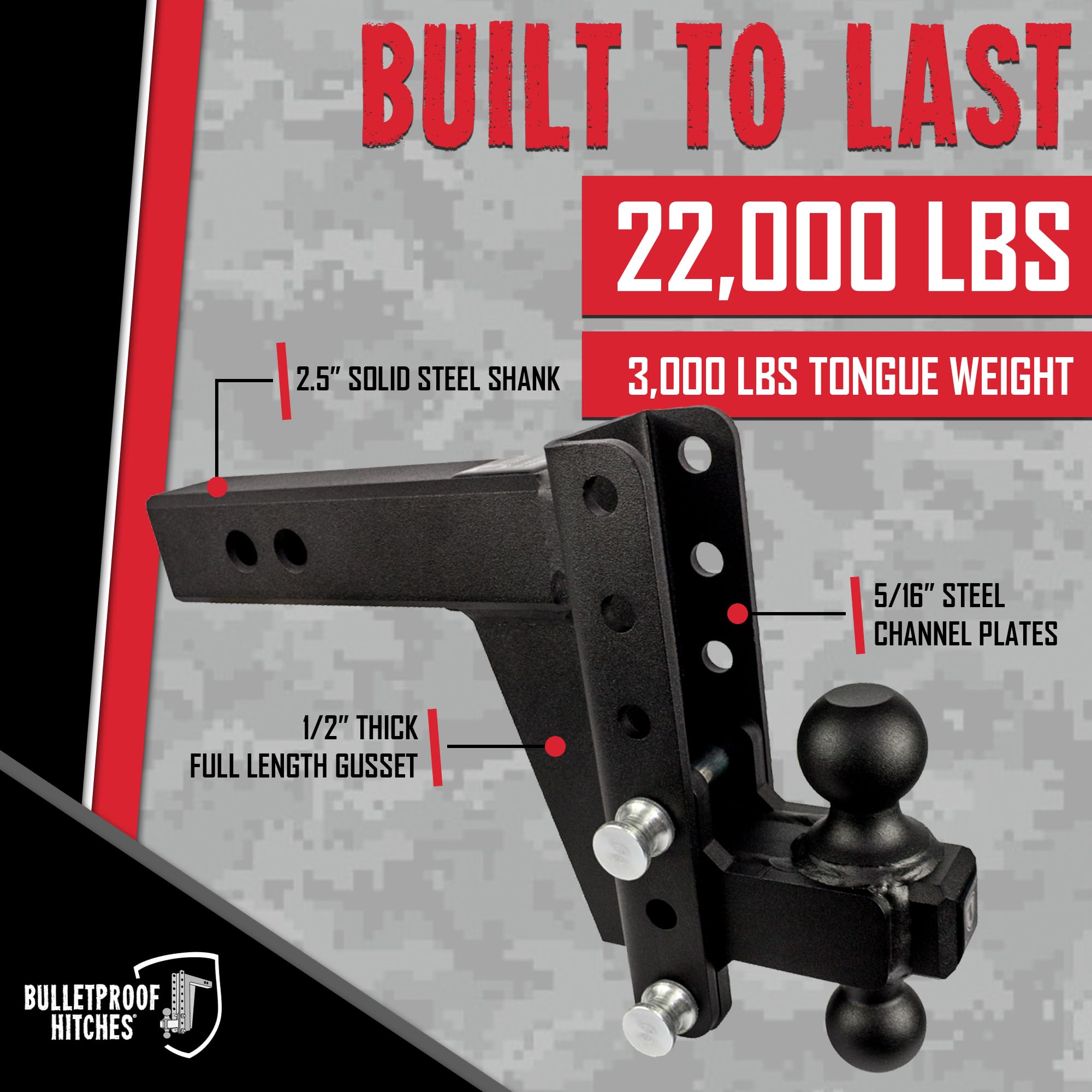 2.5" BulletProof Hitches Adjustable Heavy Duty Trailer Hitch (22,000 lb. Rating) - 6" Drop/Rise Trailer Hitch with 2" & 2-5/16" Dual Ball - Powder Coat, Solid Steel, Corrosion-Resistant