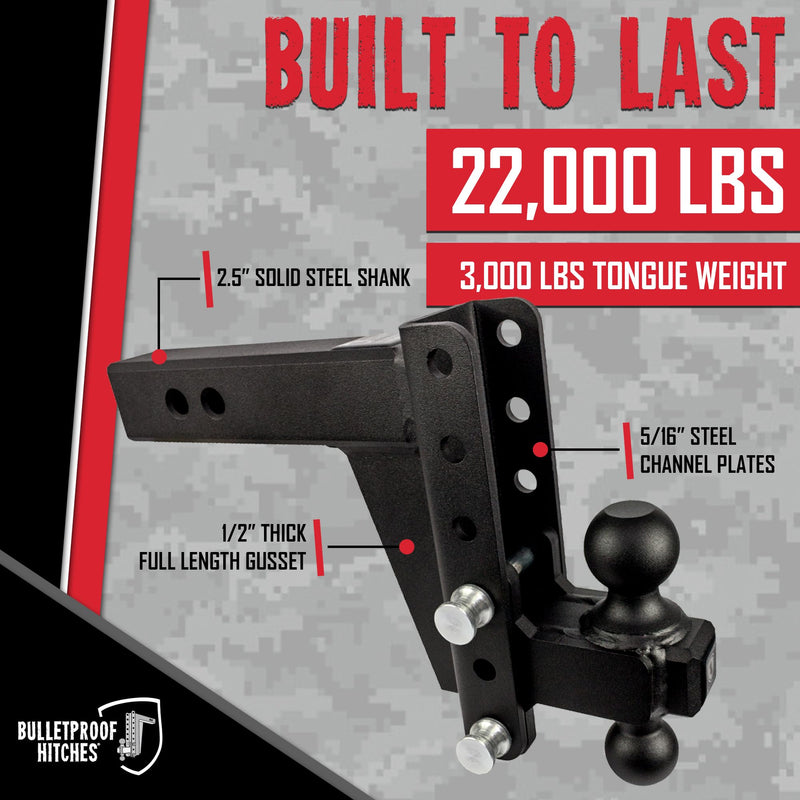 2.5" BulletProof Hitches Adjustable Heavy Duty Trailer Hitch (22,000 lb. Rating) - 6" Drop/Rise Trailer Hitch with 2" & 2-5/16" Dual Ball - Powder Coat, Solid Steel, Corrosion-Resistant