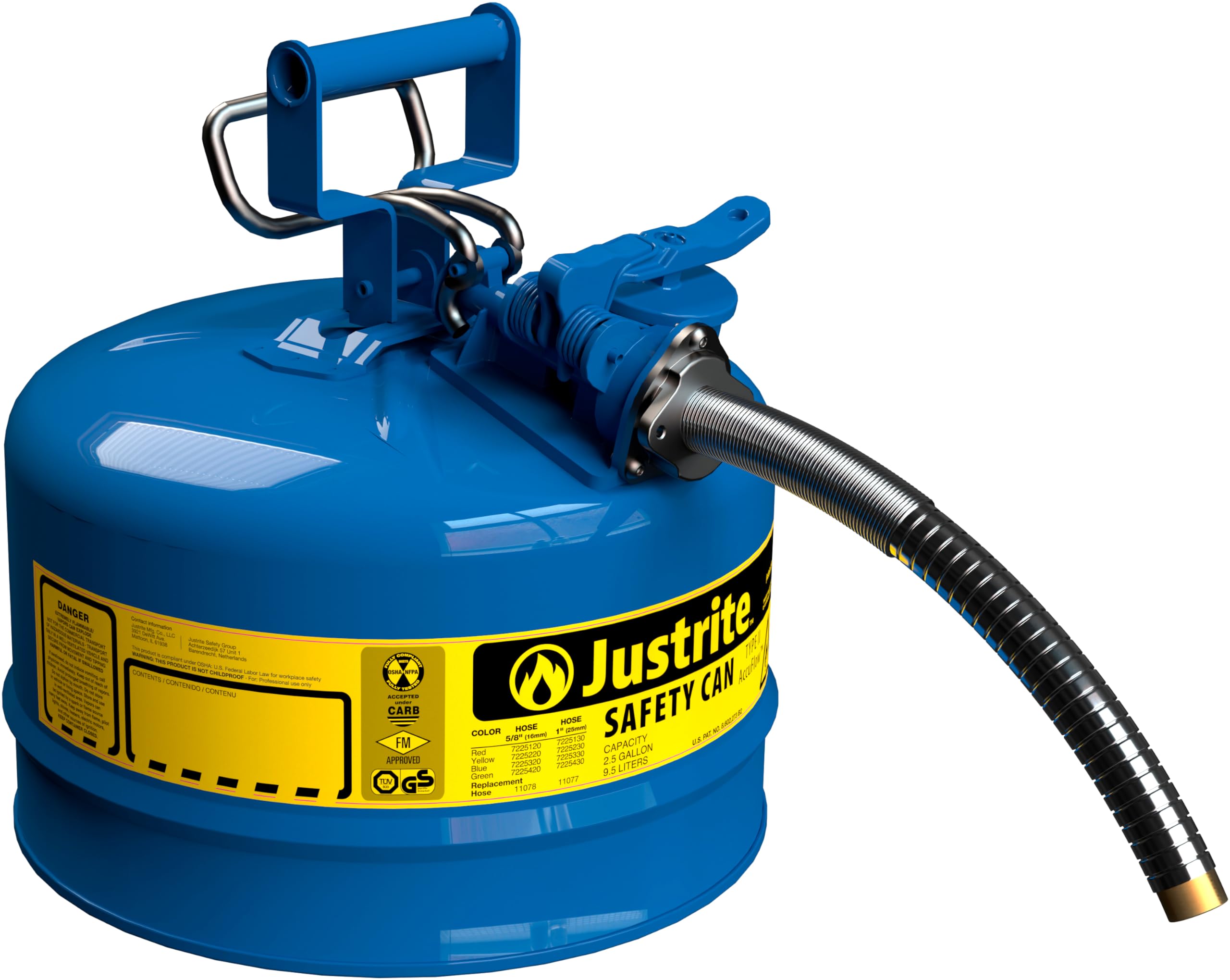 Justrite 2.5 Gallon Blue Type II Safety Can for Kerosene with Flame Arrester, Self-Closing Lid, and 1" Flexible Metal Spout, Made in the USA, Galvanized Steel Flammable Storage Can, 7225330