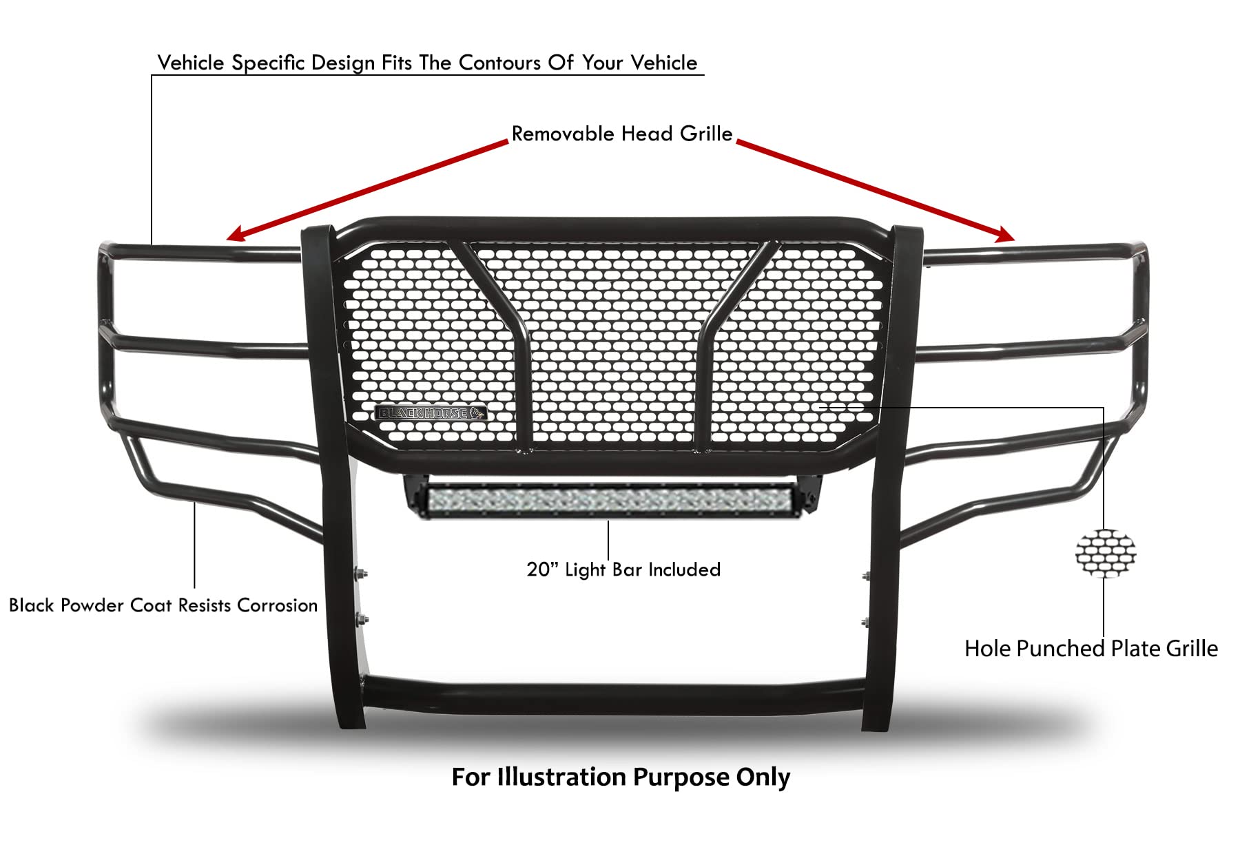 Heavy Duty Black Horse RUGGED Grille Brush Bumper Guard Modular Black Come with 20" Double Row LED Light Compatible with 2010-2018 Dodge Ram 2500/3500-RU-DORA10-B-KIT