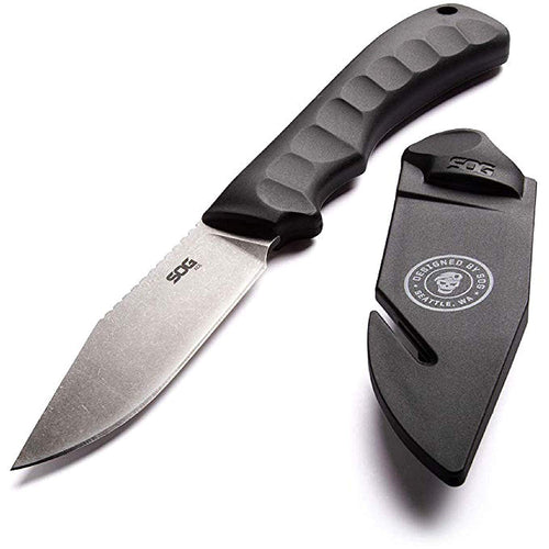 SOG Fixed Blade Ace Knife- Full Tang 3.8 Inch Clip Point Blade Survival Knife w/ Cord Cutting Sheath and Easy-Grip Handle (ACE1001-CP), Black