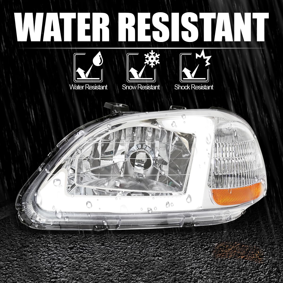 Chrome Headlights w/LED Tube Bar SPEC-D TUNING Compatible with 1996-1998 Honda Civic 2/4Dr