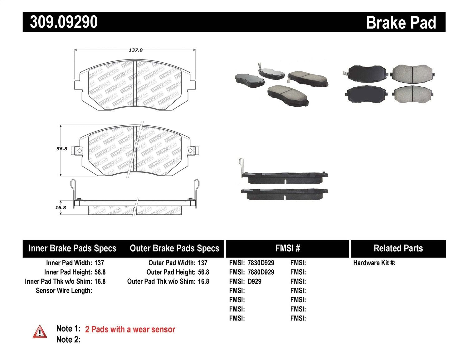 Sport Brake Pads StopTech 309.09290 with Shims and Hardware