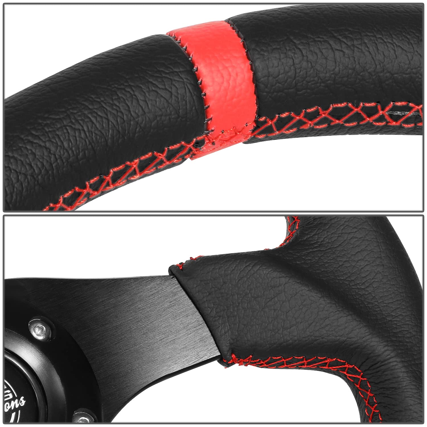 NRG Innovations Reinforced Steering Wheel NRG-RST-024MB-R-RD - 320mm Sport Leather Flat Bottom with Red Center Mark, Red Stitching