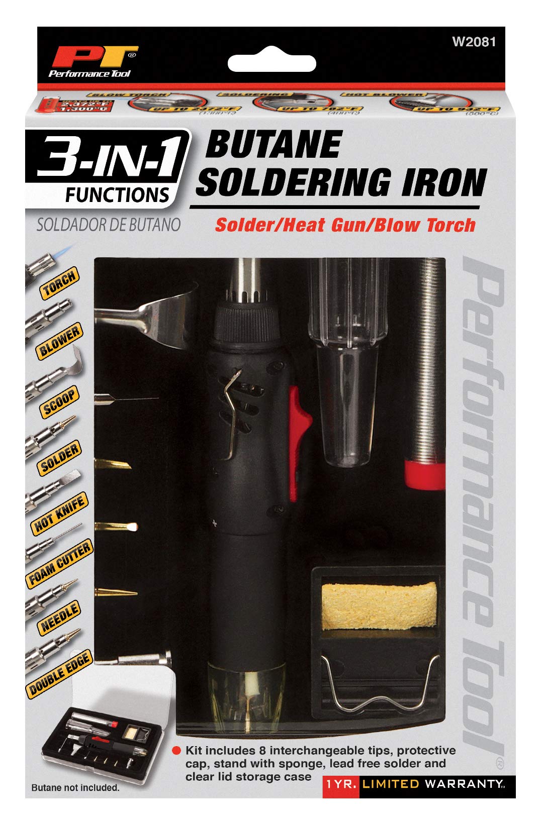 3-in-1 Butane Soldering Iron Performance Tool W2081, Heat Gun and Torch with Adjustable Temperature Control and 8 Interchangeable Tips