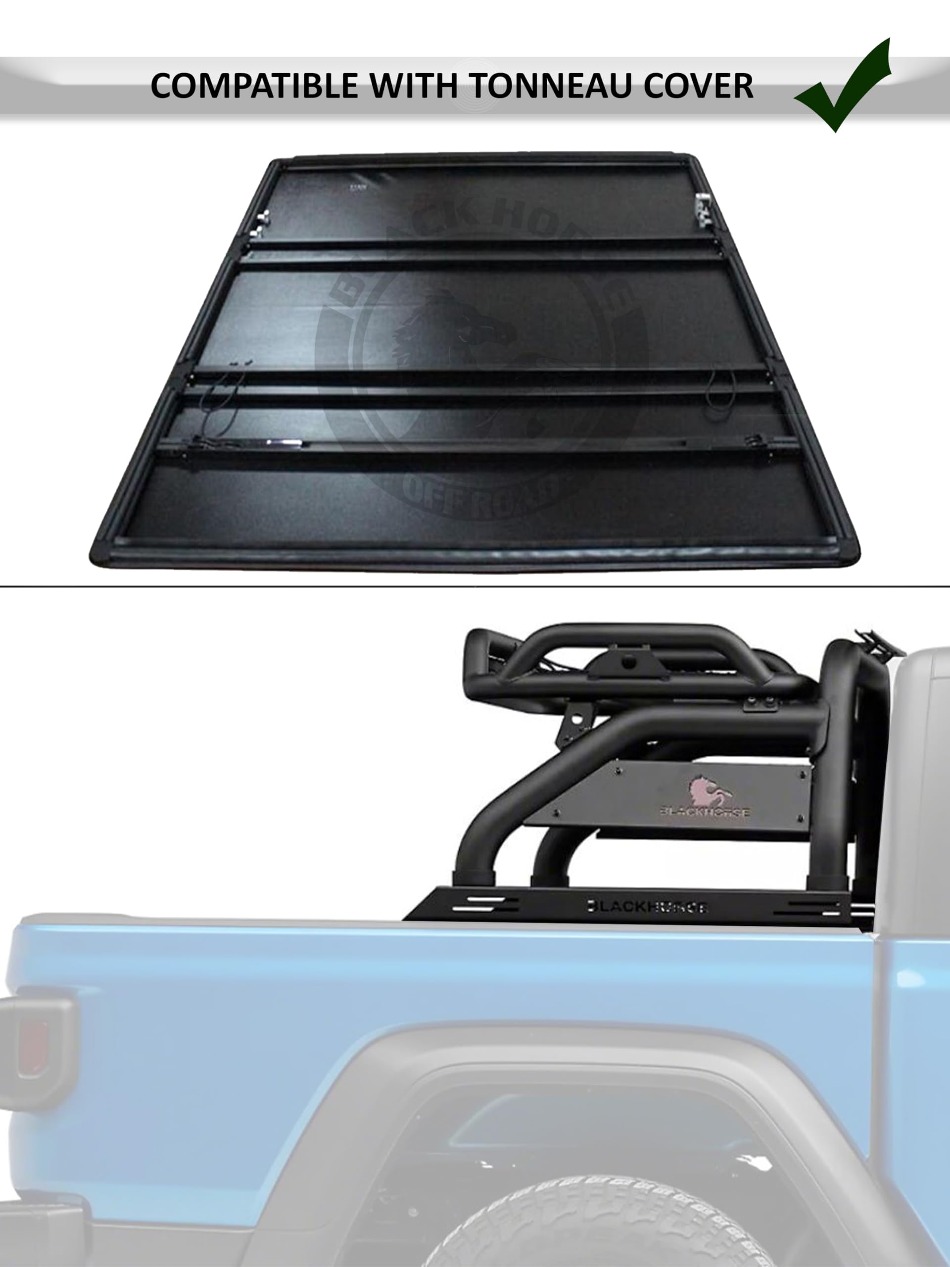 Atlas Black Horse Roll Bar Incl. Pair of 7.0" Dia. Led Lights w/Red Trim Rings Compatible with 2005-2024 Toyota Tacoma-ATRB6BK-PLR