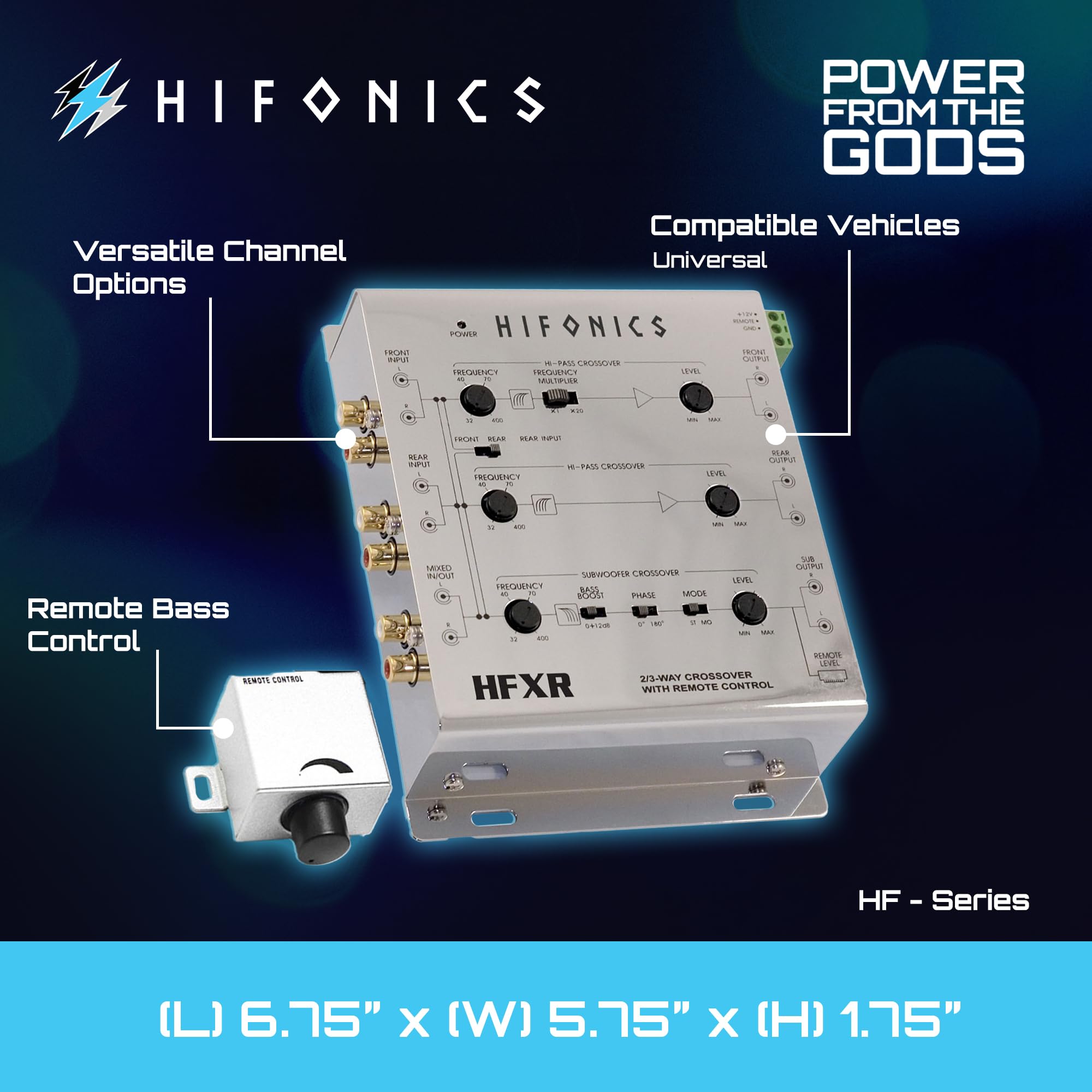 Hifonics 2/4 Ch HFXR 2/3 Way Active Crossover, 8.5V Line Driver with Remote Bass Level Control, Adjustable Filters, and Front/Rear/Sub Outputs