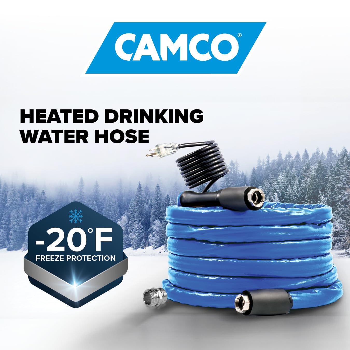 25-Ft Camco Heated Water Hose for RV - Water Line Freeze Protection Down to -20°F/-28°C - Features Energy-Saving Thermostat & Includes Adapter for Connection to Either End of Hose (22911)