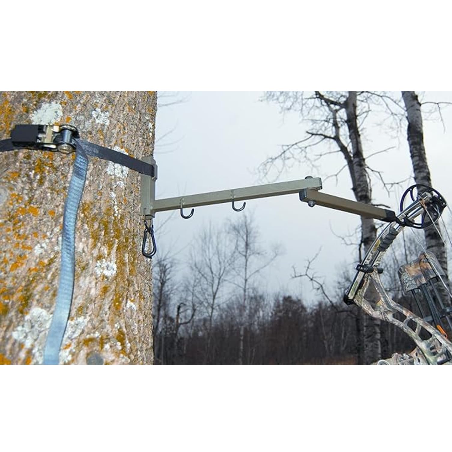 HME Easy-to-Attach Durable Better Tree Stand Bow Hanger Strap-On w/Two Accessory Hooks & Heavy-Duty Ratchet Strap - Extends to 25", 2.10 x 7.00 x 16.00