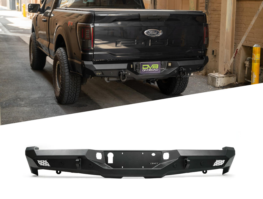 Rear Bumper DV8 Offroad Spec Series for 2021-2025 Ford F-150 | Full-Width Design | (2) 3" Pod Light Mounts | Pair of 1" D-Ring Mounts | Micro-Texture Black Powder Coat Finish | Steel Construction