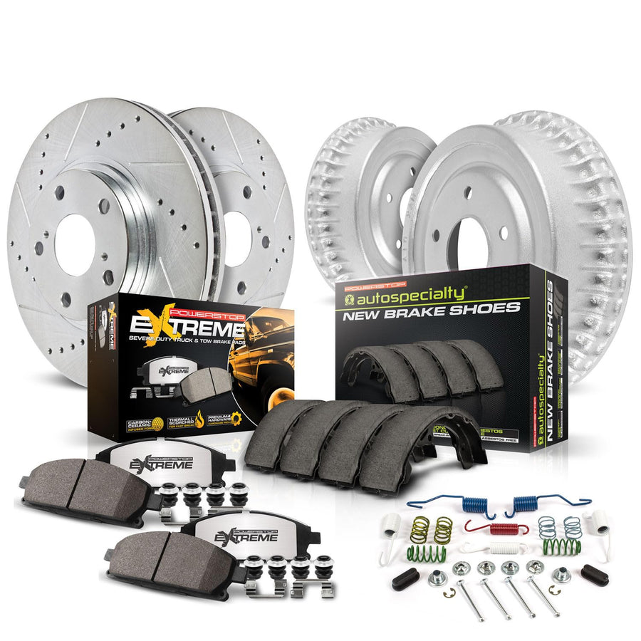 Power Stop Brake Kit Front and Rear For 1998 1999 Dodge Durango - Truck & Tow Carbon Fiber Ceramic Pads, Drums, & Drilled and Slotted Rotors Replacement, K15540DK-36