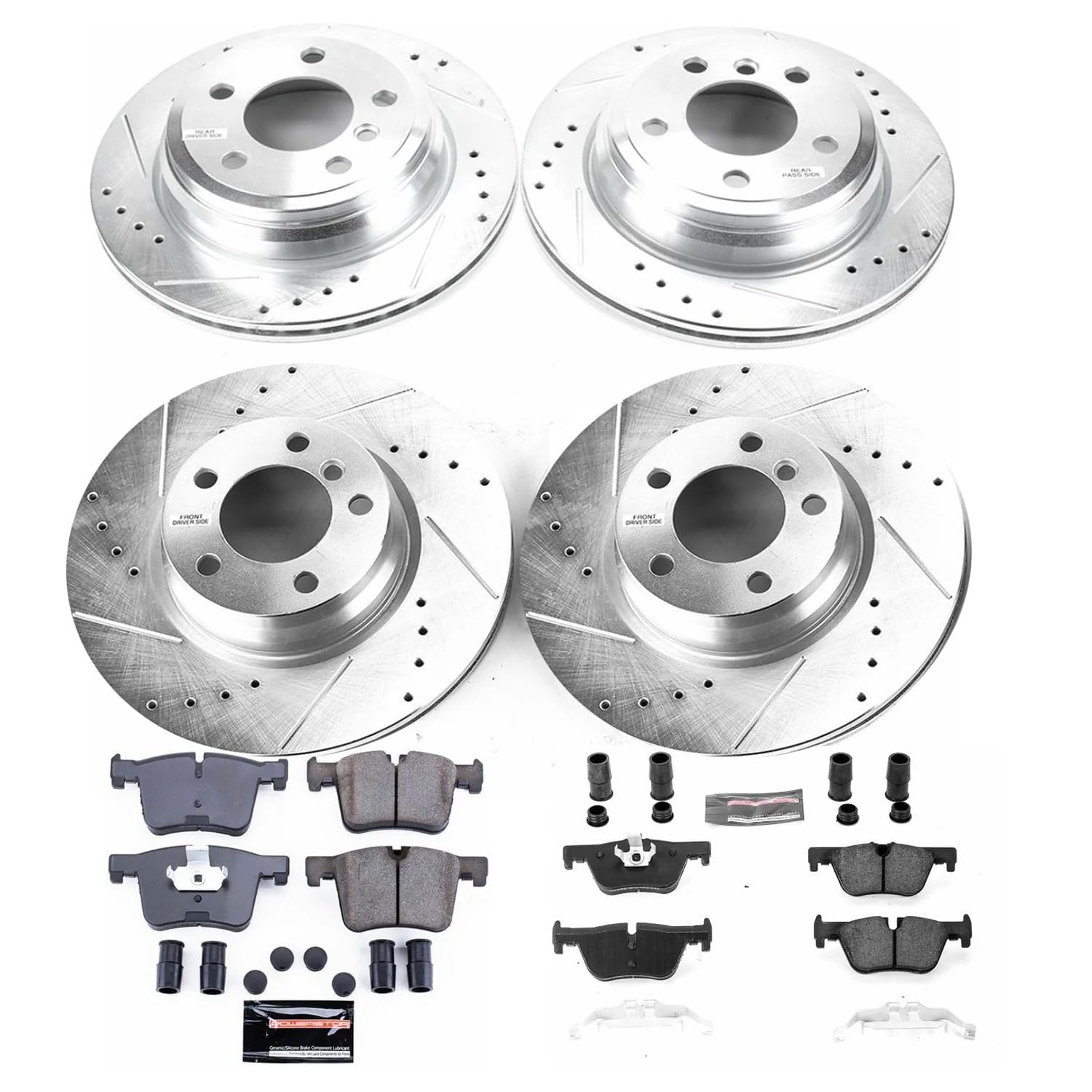 Power Stop K7548 Z23 Carbon Fiber Brake Pads Front and Rear with Drilled & Slotted Brake Rotors Kit and 1 Front & 1 Rear Sensor Wires For BMW 328i xDrive, 330e, 428i, 428i xDrive [Model Specific]