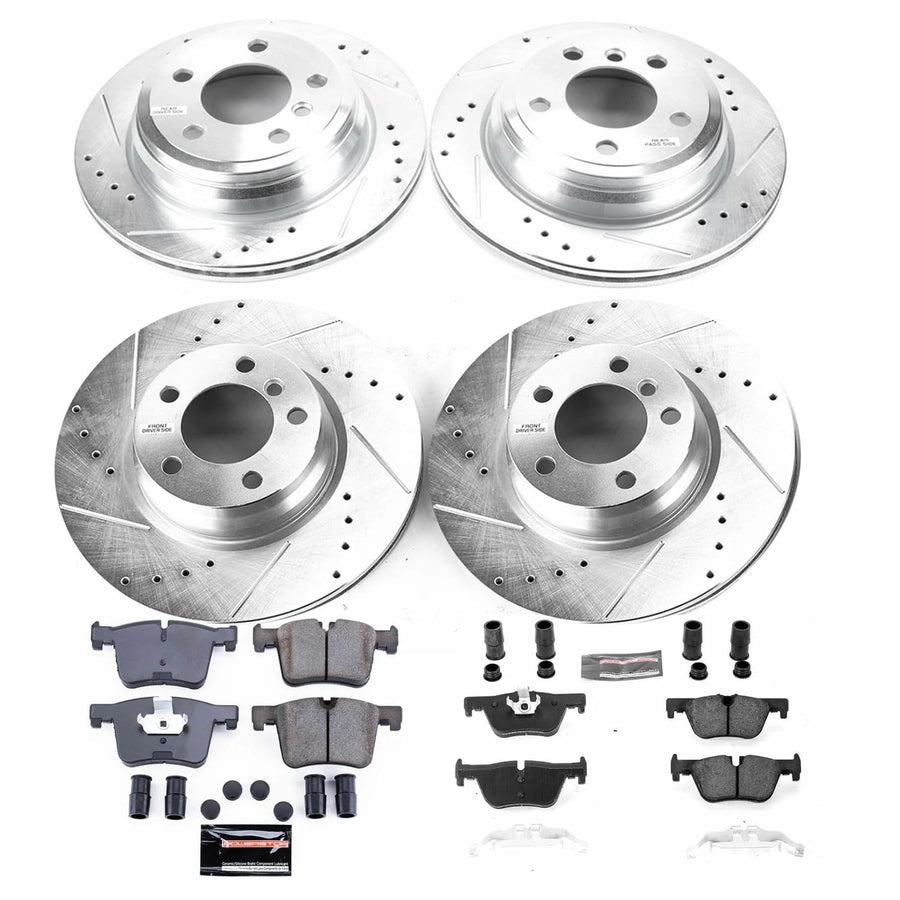 Power Stop K7548 Z23 Carbon Fiber Brake Pads Front and Rear with Drilled & Slotted Brake Rotors Kit and 1 Front & 1 Rear Sensor Wires For BMW 328i xDrive, 330e, 428i, 428i xDrive [Model Specific]