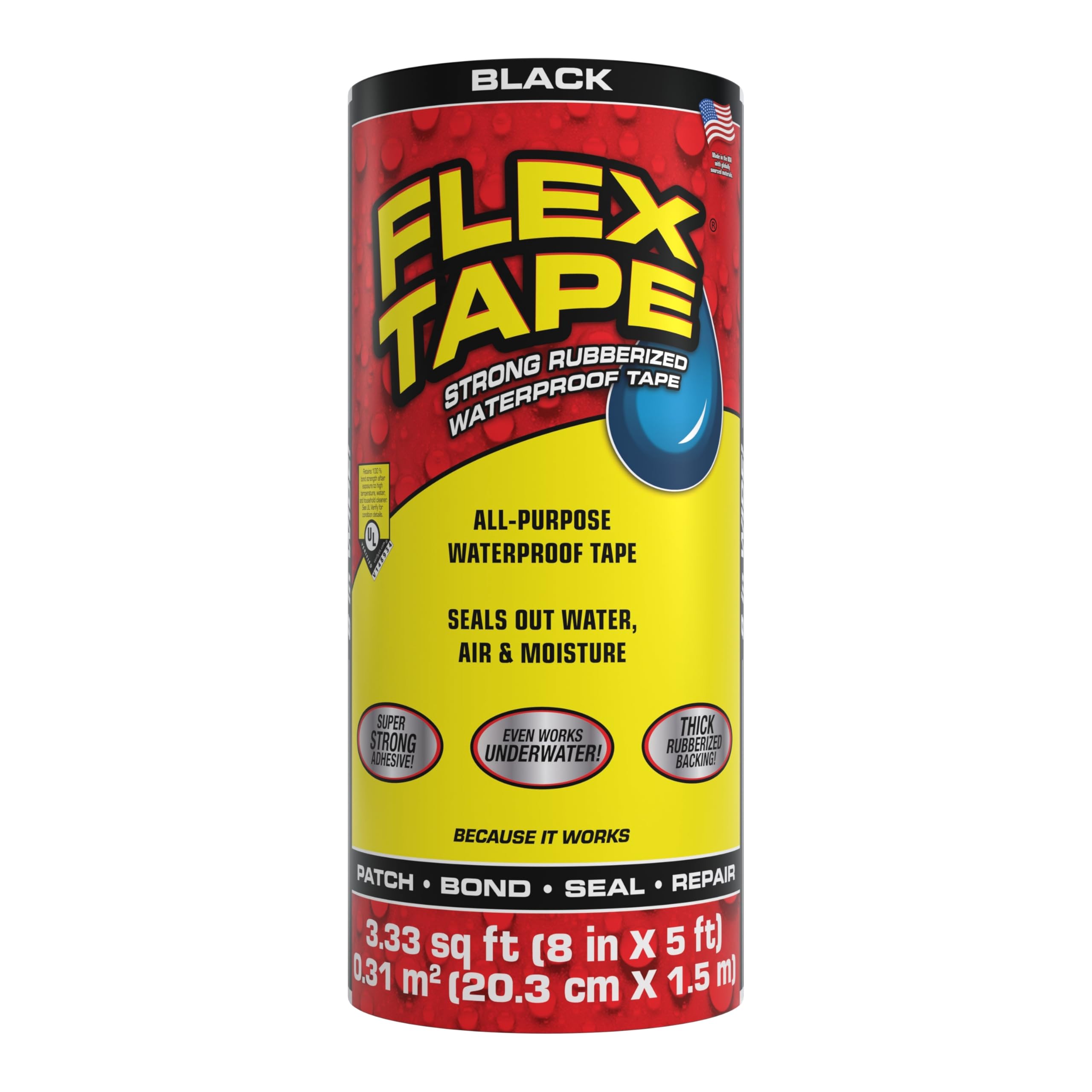 Original Flex Tape, Thick Flexible Rubberized Waterproof Tape - Seal and Patch Leaks, Works Underwater, Indoor Outdoor - Home RV Roof Plumbing and Pool Repairs, Black, 8 in x 5 ft, Pack of 1