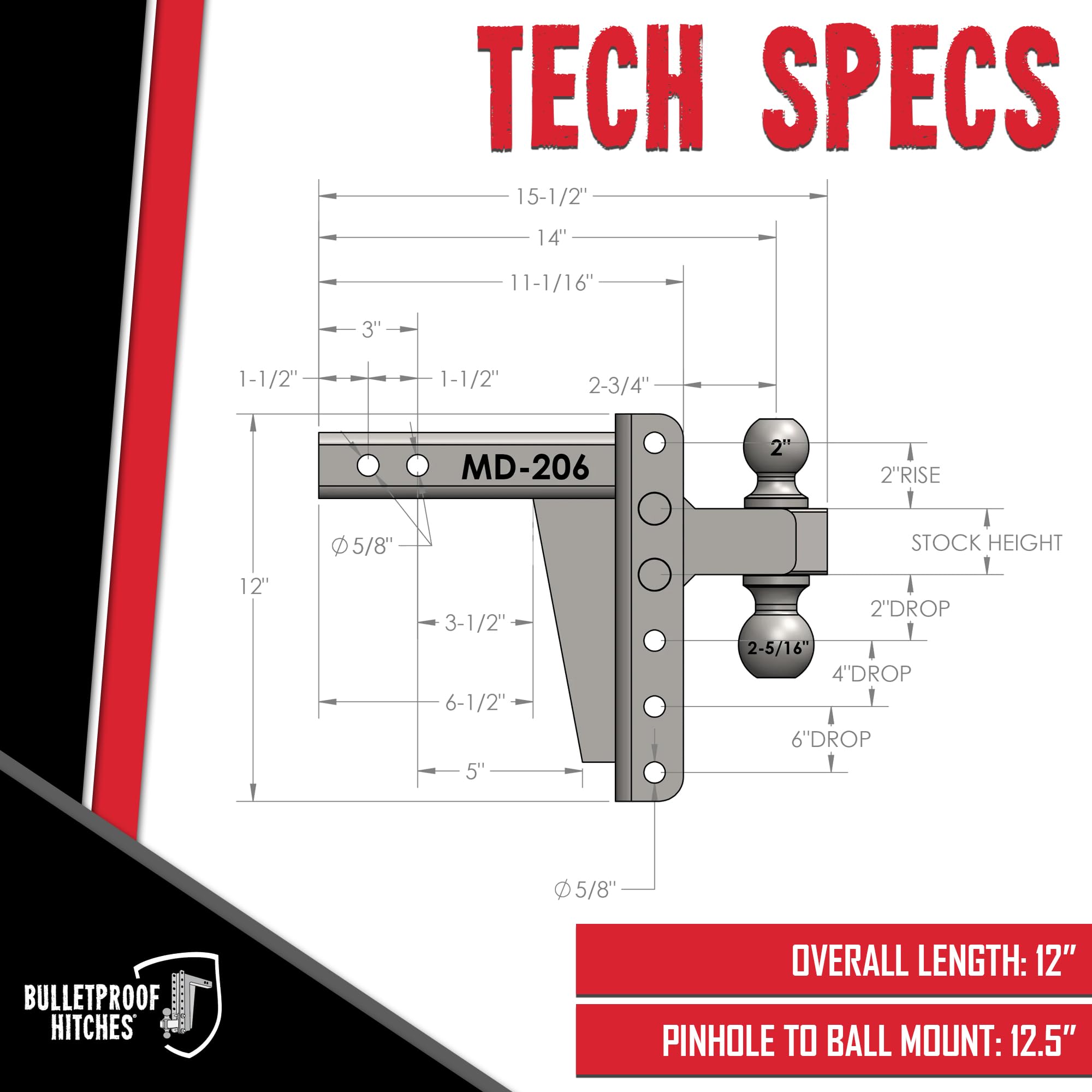 2.0" BulletProof Hitches Adjustable Medium Duty Trailer Hitch (14,000 lb. Rating) - 6" Drop/Rise Trailer Hitch with 2" & 2-5/16" Dual Ball - Powder Coat, Box Steel, Corrosion-Resistant