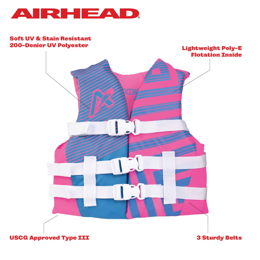 Youth Airhead Trend Life Jacket, Coast Guard Approved, Hot Pink/Sky Blue