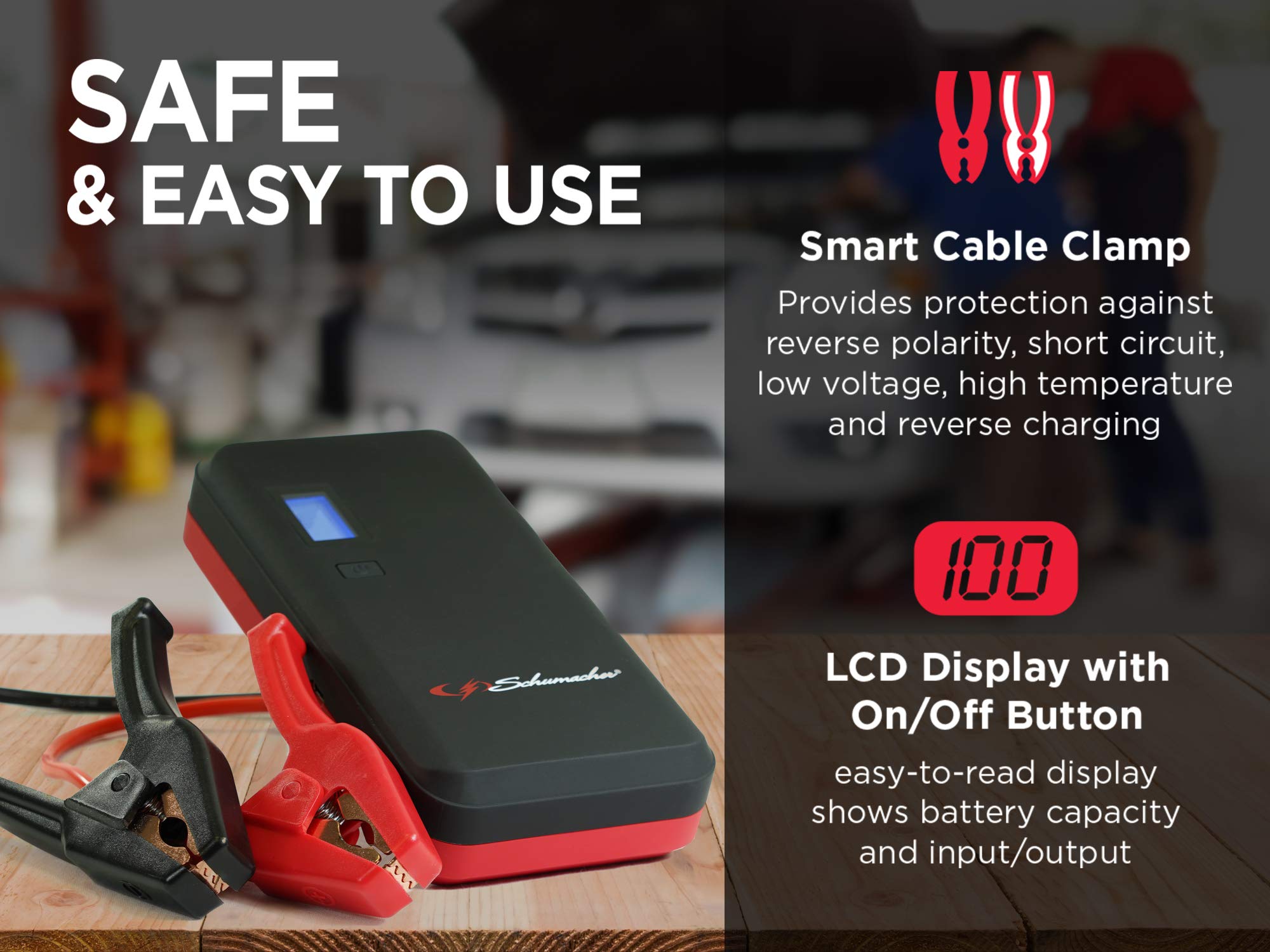 Schumacher 800 Amp SL1327 12V Rechargeable Lithium Jump Starter Starts 8.0L - Gas - 6.0L - Diesel vehicles USB Power for Charging Phones/Tablets Auto Pre-Boost for Ultimate Cold Temp Starting