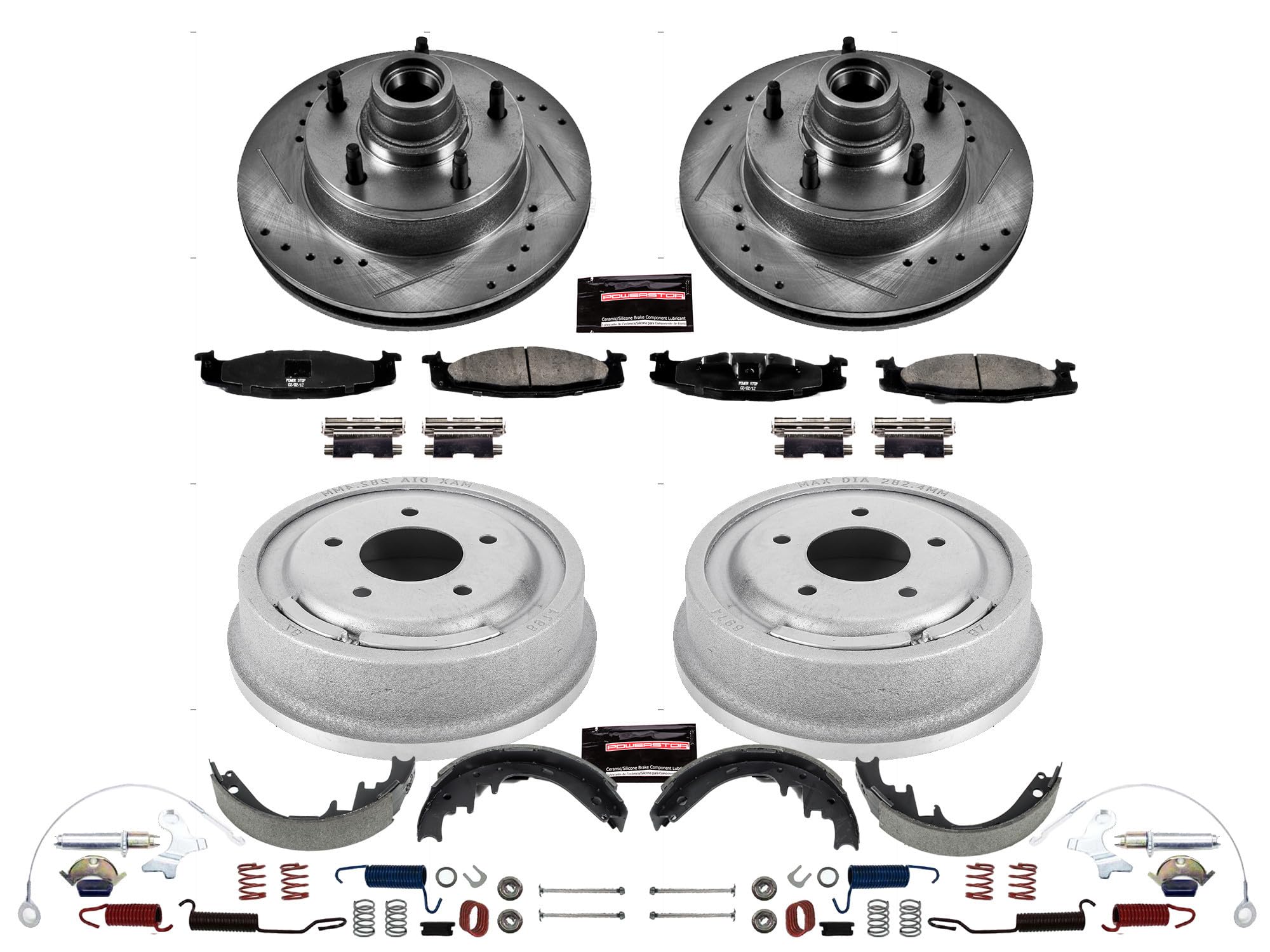 Power Stop K15090DK Z23 Carbon Fiber Brake Pads Front and Rear with Drilled & Slotted Brake Drums Kit