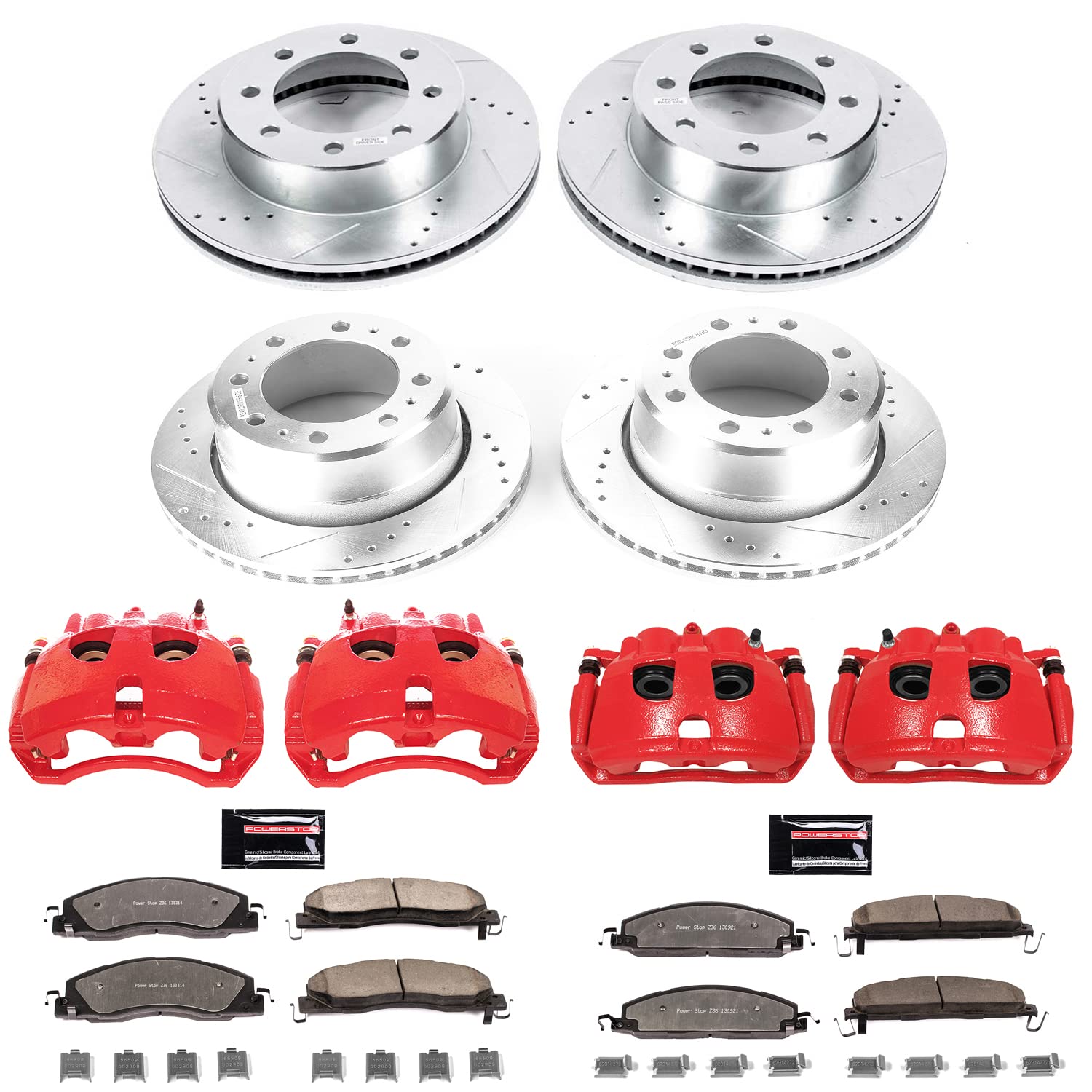 Power Stop KC7141-36 Z36 Truck & Tow Brake Pad and Rotor Kit Front and Rear with Red Powder Coated Calipers For 2013 2014 2015 2016 2017 2018 Ram 3500 [Models With Single Rear Wheels Only]