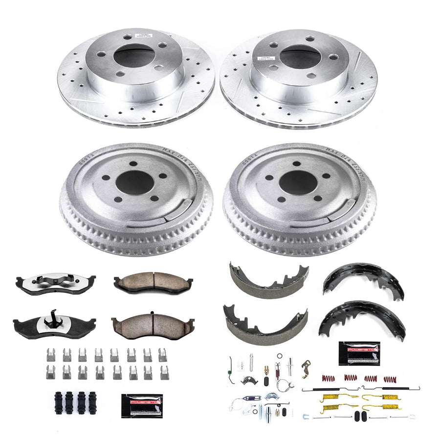 Power Stop Brake Kit Front and Rear For 1992 1993 1994 1995 1996 1997 1998 1999 Jeep Cherokee - Truck & Tow Carbon Fiber Ceramic Pads, Drums, & Drilled & Slotted Rotors Replacement, K15132DK-36