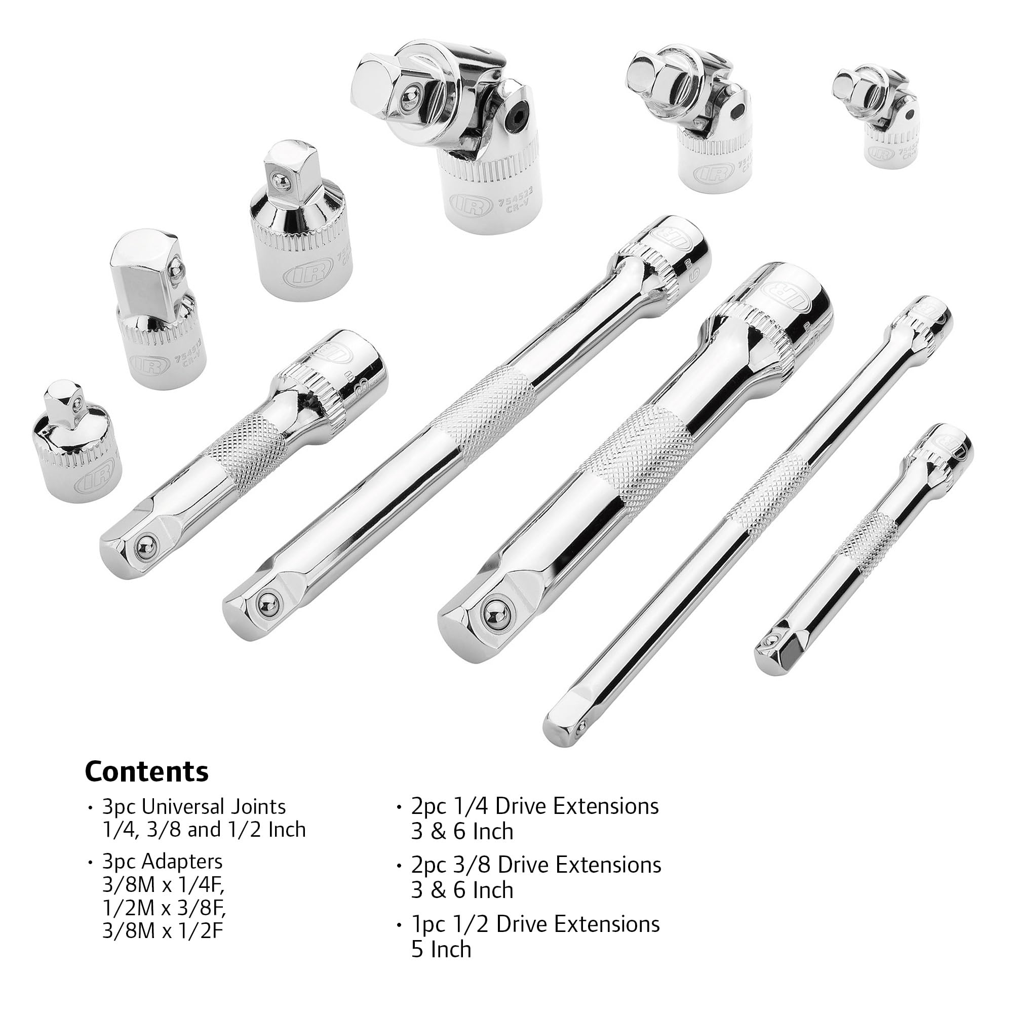 Ingersoll Rand 11-Piece Accessory Socket Set, Chrome Vanadium Steel, Includes U-Joints, Adapters & Extensions in 1/4", 3/8", 1/2" Drive, with Thermoform Organizer Tray – 752055X