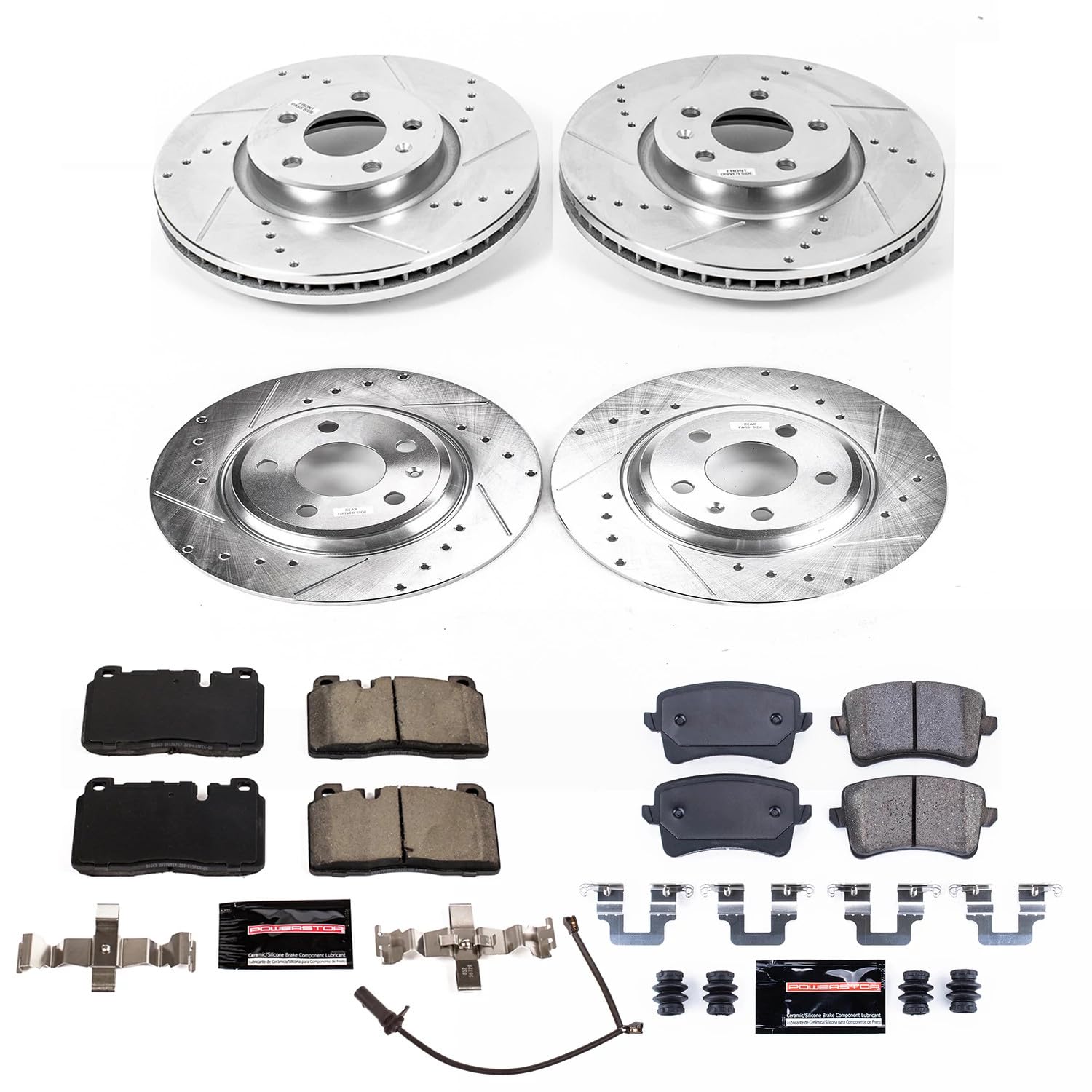 Power Stop K7096 Z23 Carbon Fiber Brake Pads Front and Rear with Drilled & Slotted Brake Rotors Kit For Audi Q5 2013 [Model Specific]