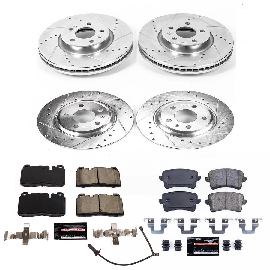 Power Stop K7096 Z23 Carbon Fiber Brake Pads Front and Rear with Drilled & Slotted Brake Rotors Kit For Audi Q5 2013 [Model Specific]