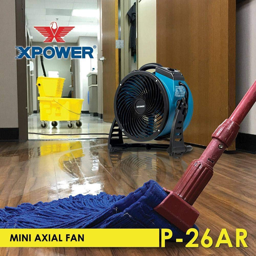 Industrial Axial Air Mover XPOWER P-26AR, Blower, Fan with Build-in Power Outlets for Water Damage Restoration, Home and Plumbing Use - 1 Amp, 1300 CFM, 4 Speeds , Blue