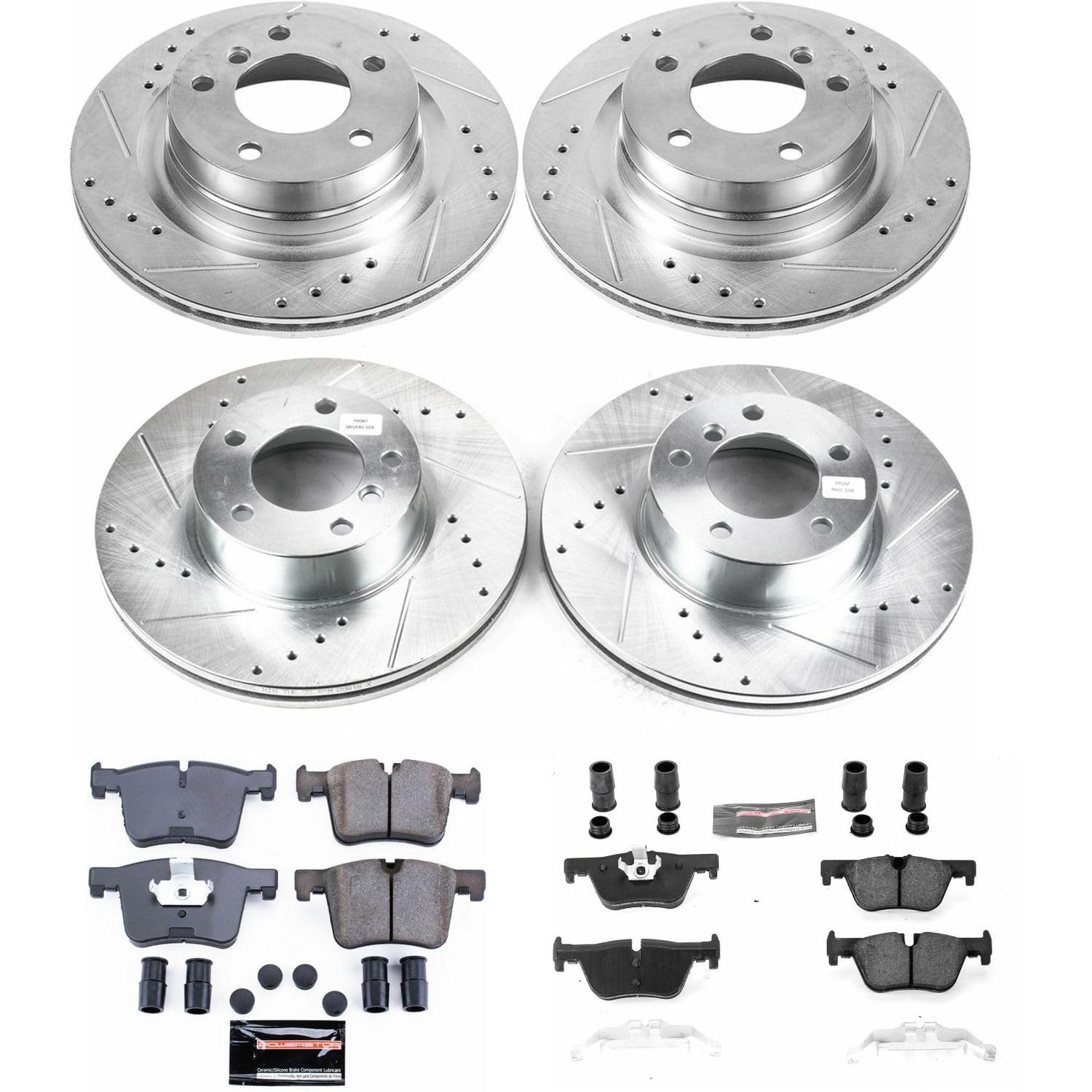 Power Stop K6744 Z23 Carbon Fiber Brake Pads Front and Rear with Drilled and Slotted Brake Rotors Kit and 1 Front & 1 Rear Sensor Wires For BMW 228i 228i xDrive 230i 320i 328d 328i 428i