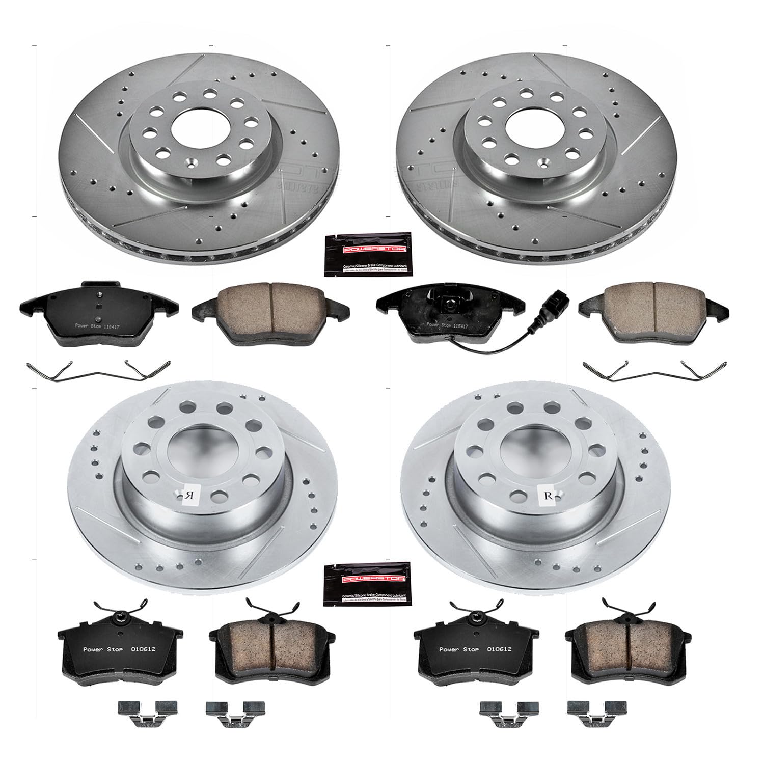 Power Stop K7530 Z23 Carbon Fiber Brake Pads Front and Rear with Drilled & Slotted Brake Rotors Kit For Volkswagen Beetle 2013-2017, Volkswagen Jetta 2013-2018 [Model Specific]