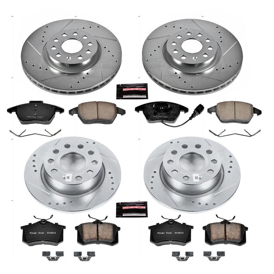Power Stop K7530 Z23 Carbon Fiber Brake Pads Front and Rear with Drilled & Slotted Brake Rotors Kit For Volkswagen Beetle 2013-2017, Volkswagen Jetta 2013-2018 [Model Specific]