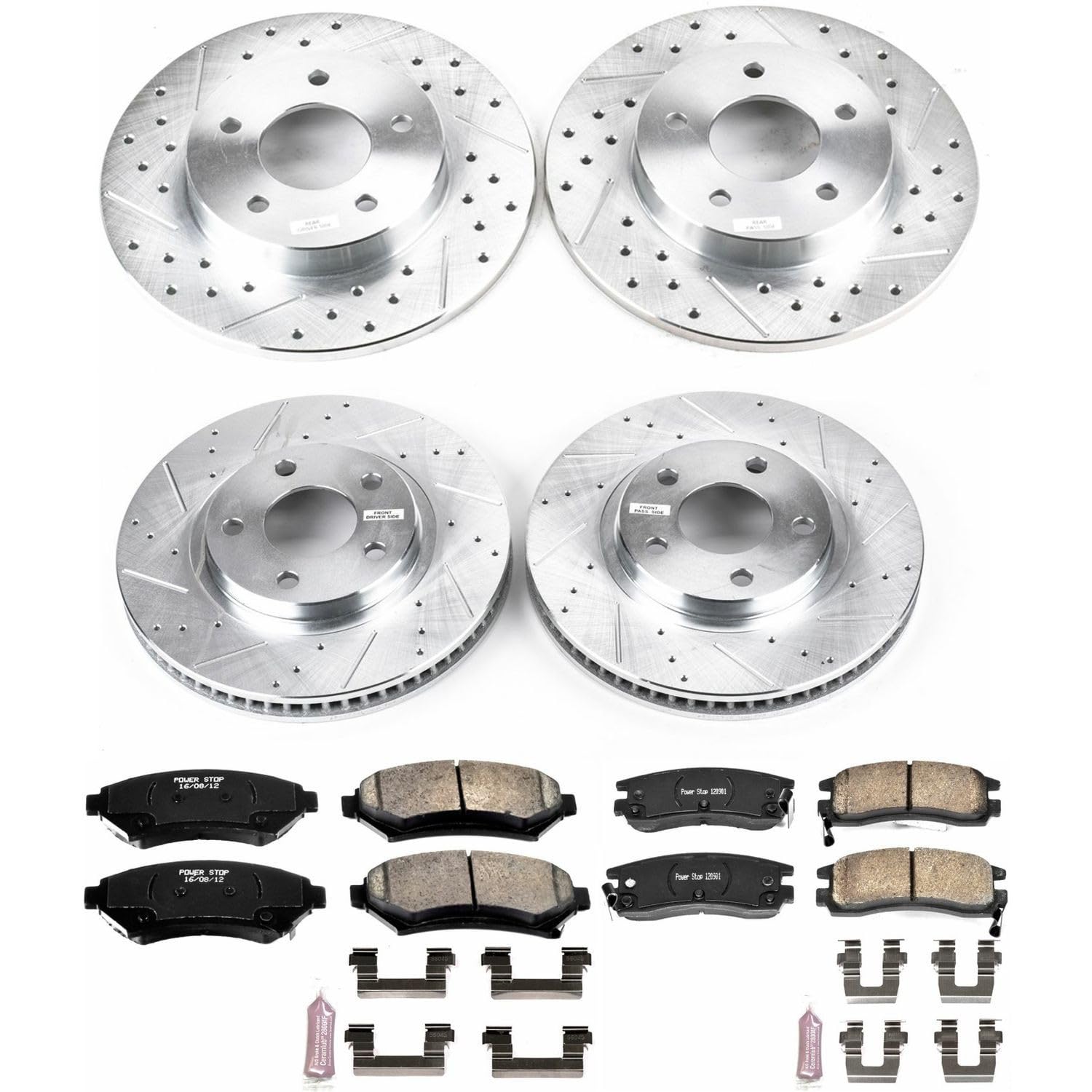 Power Stop K1543 Z23 Brake Pads Front and Rear with Drilled Slotted Brake Rotors Kit For LeSabre, Park Avenue, Riviera, DeVille, Eldorado, Olds Aurora, Bonneville [Model Specific]